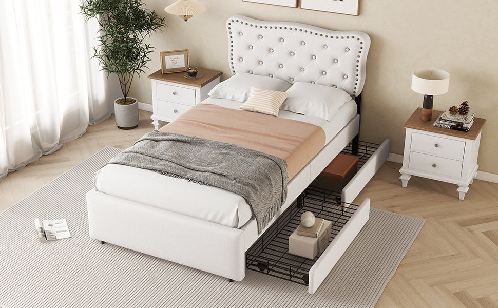 Logidon plat bed 90x200 cm lichtbeige gestoffeerd hoofdeinde met klinknagels
