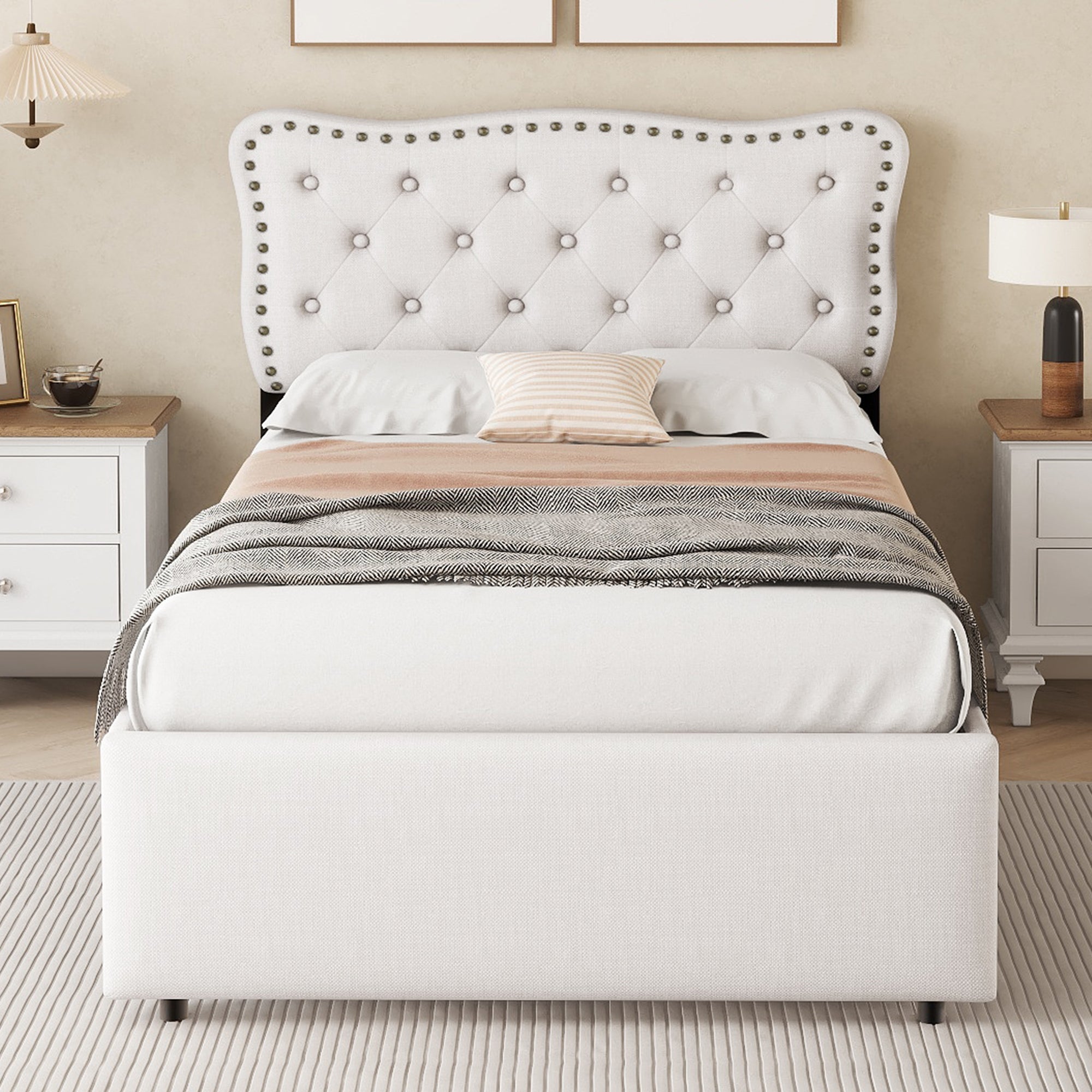 Logidon plat bed 90x200 cm lichtbeige gestoffeerd hoofdeinde met klinknagels