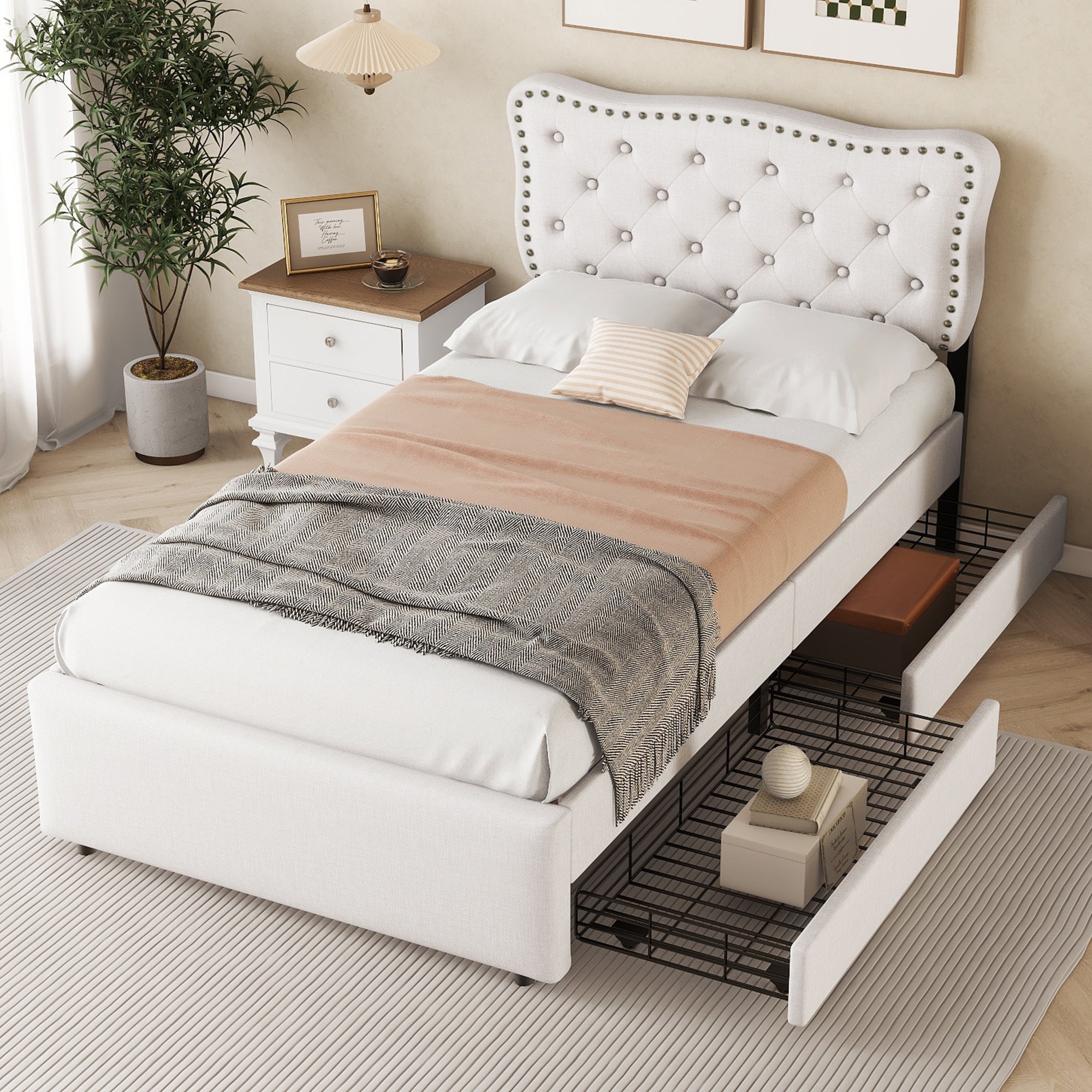 Logidon plat bed 90x200 cm lichtbeige gestoffeerd hoofdeinde met klinknagels