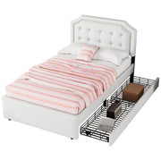 Logidon 90x200 lichtbeige gestoffeerd bed met dubbele lades met klinknagels