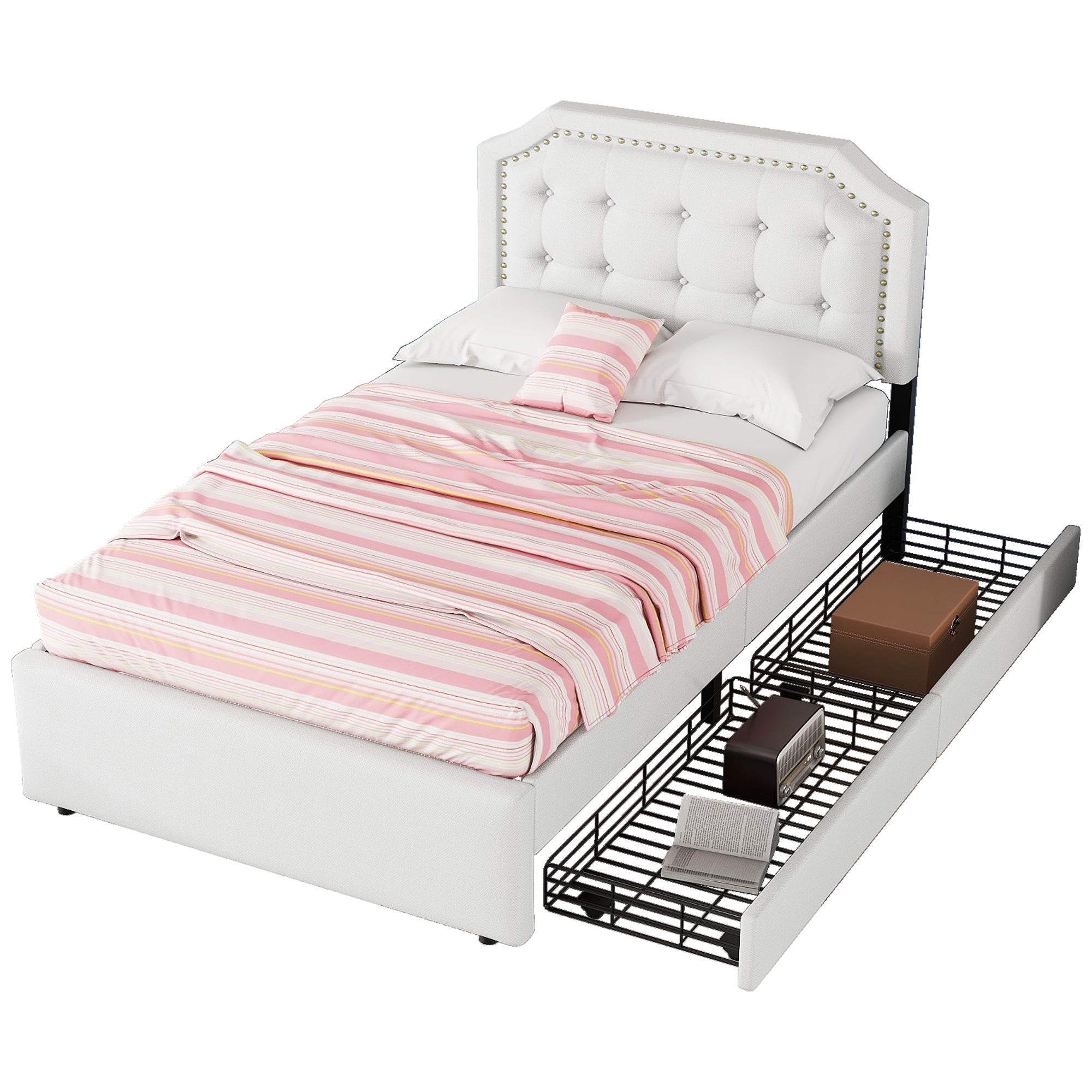 Logidon 90x200 lichtbeige gestoffeerd bed met dubbele lades met klinknagels