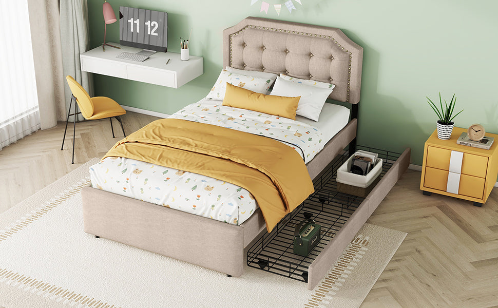 Logidon 90x200 cm gewatteerd bed donkerbeige dubbele lades