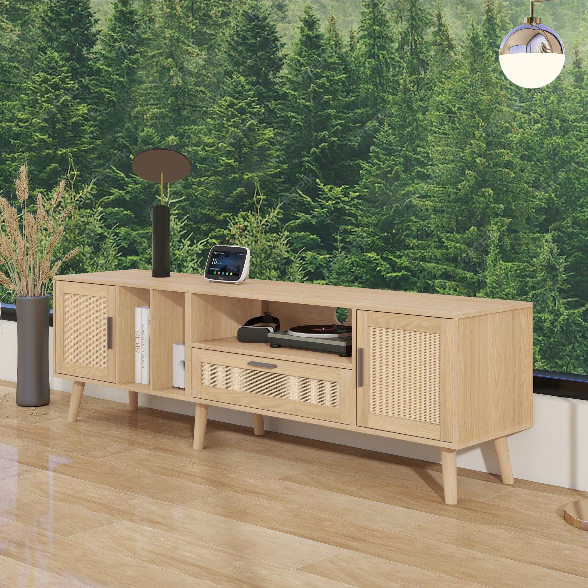 Logidon 180 cm TV-meubel Eiken met rotan decoratie, 2 deuren