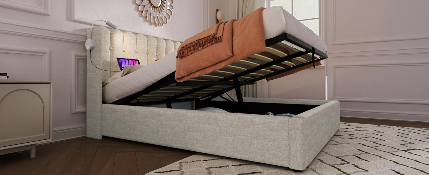 Logidon upholstered bed 140x200 with reading light and USB charging function natural