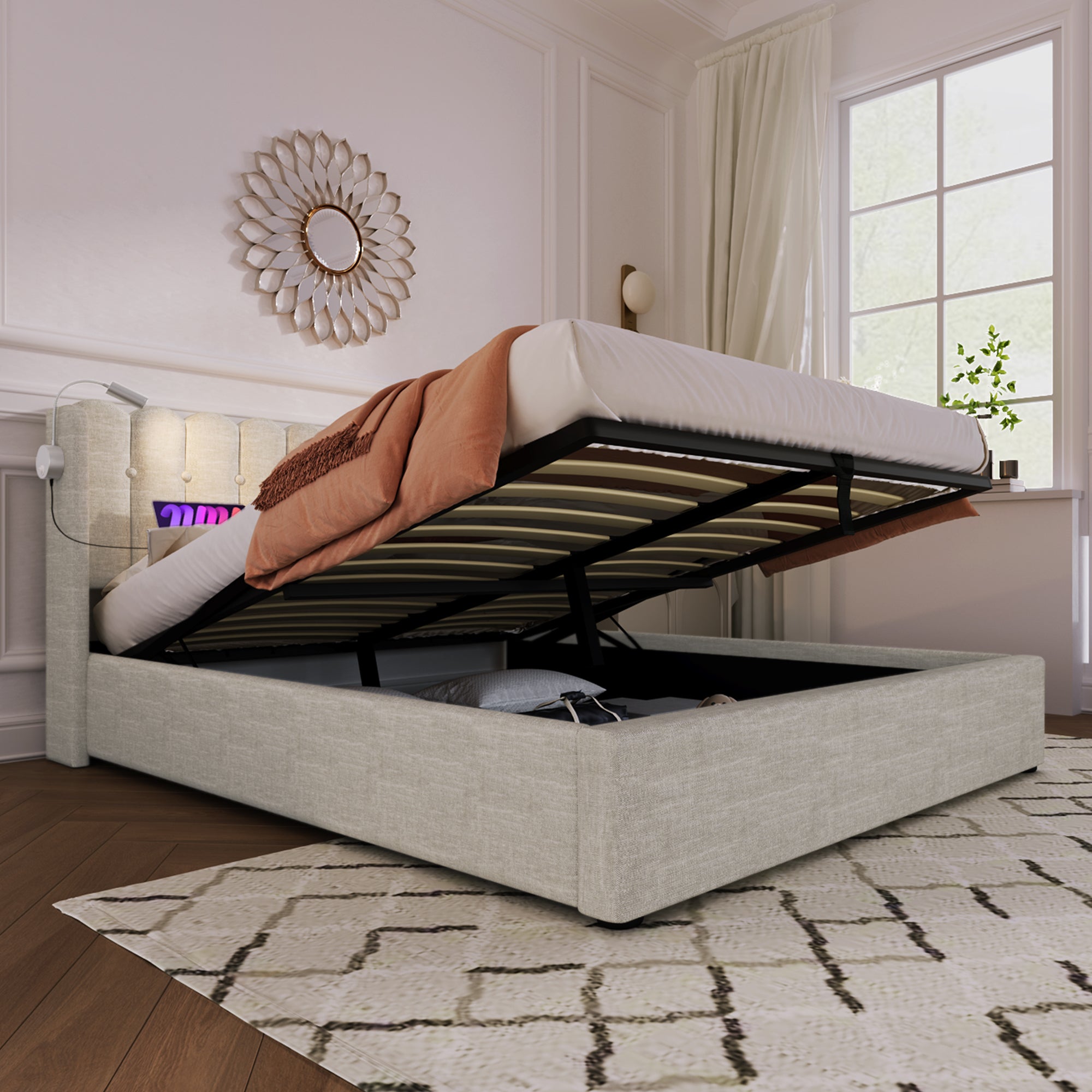 Logidon gestoffeerd bed met leeslampje en USB-oplaadfunctie 160x200 beige