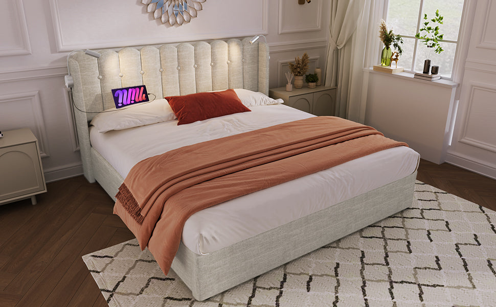 Logidon gestoffeerd bed met leeslampje en USB-oplaadfunctie 160x200 beige