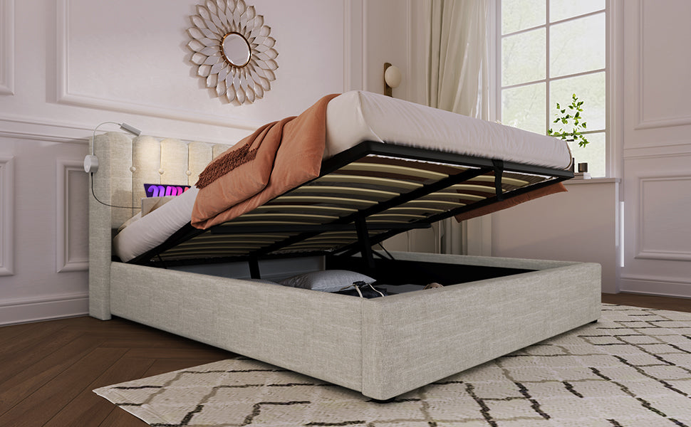 Logidon gestoffeerd bed met leeslampje en USB-oplaadfunctie 160x200 beige
