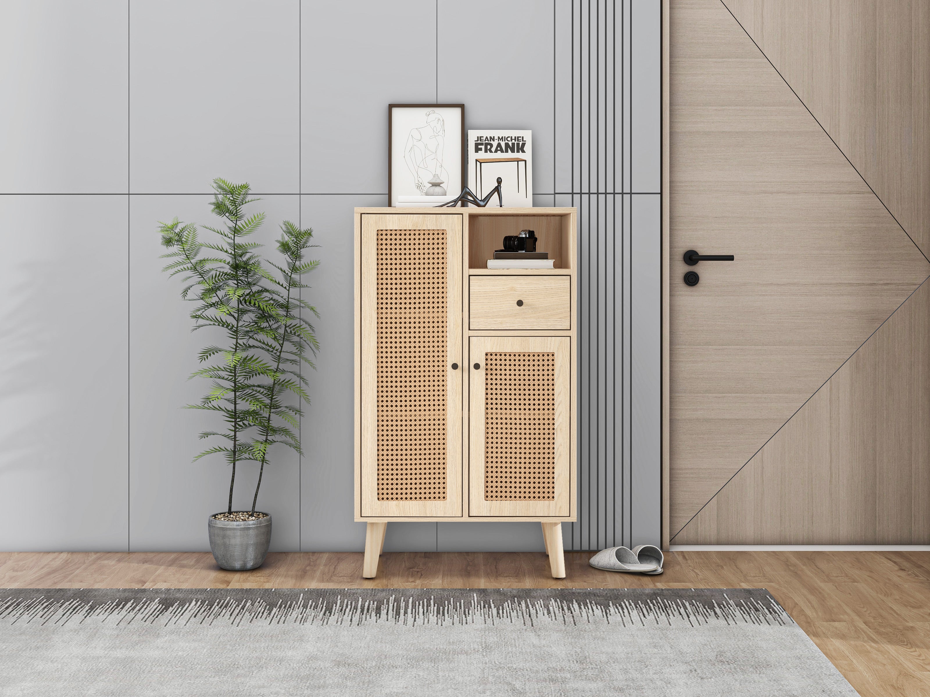 Logidon dressoir eiken 60x40x101 cm met 2 rotan deuren en 1 lade