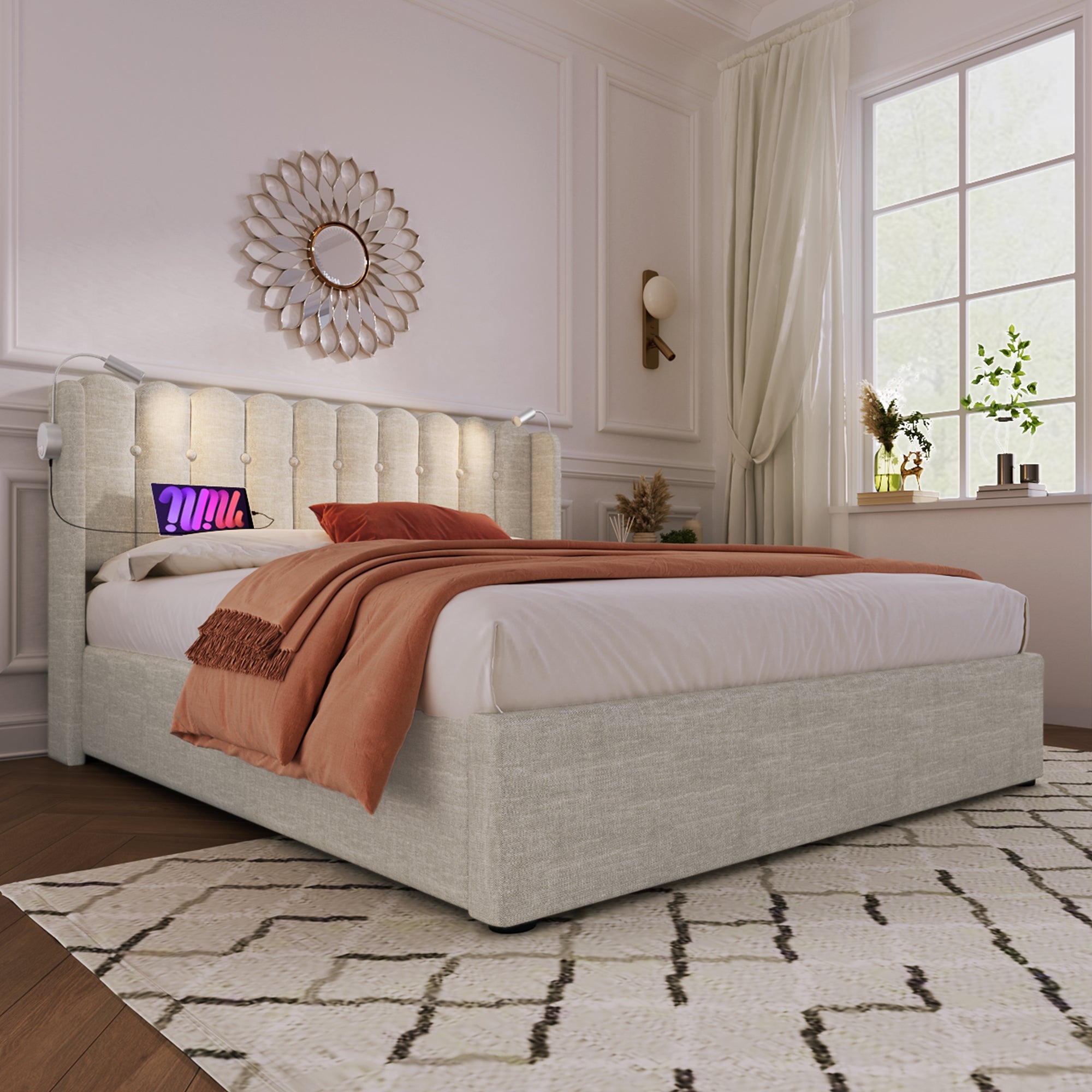 Logidon upholstered bed 160x200 beige with reading light and USB charging function