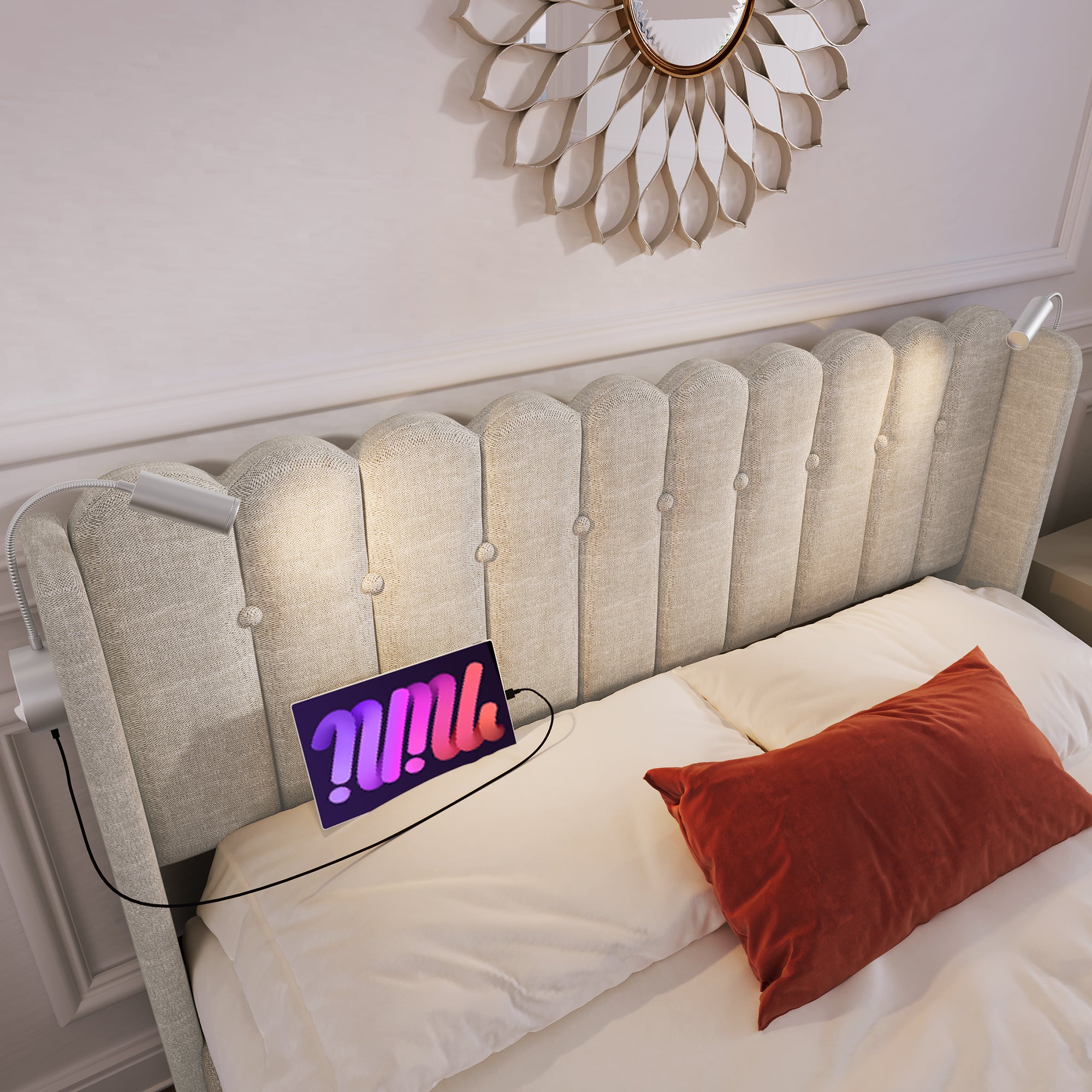 Logidon upholstered bed 140x200 with reading light USB charging function beige