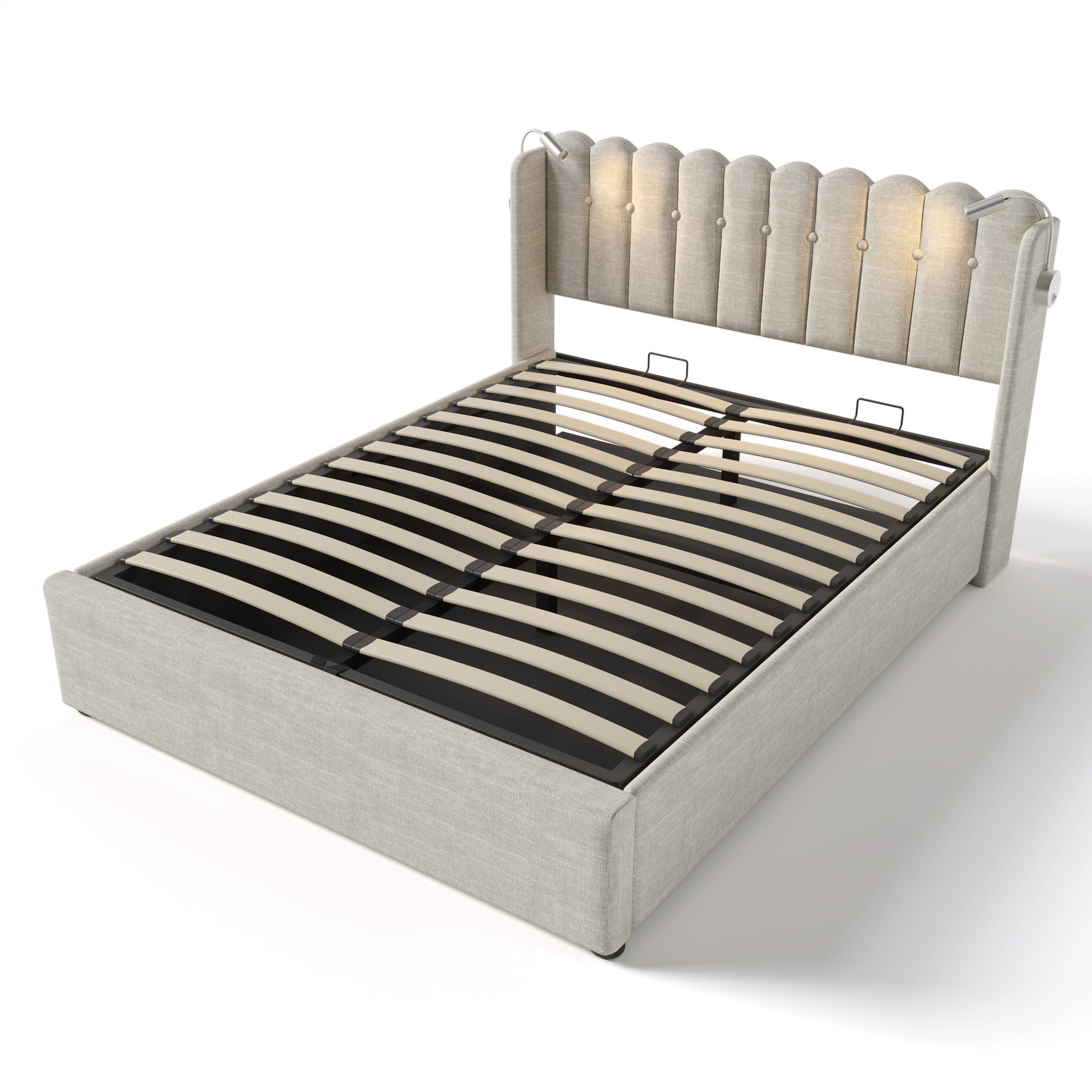 Logidon upholstered bed 140x200 with reading light USB charging function beige