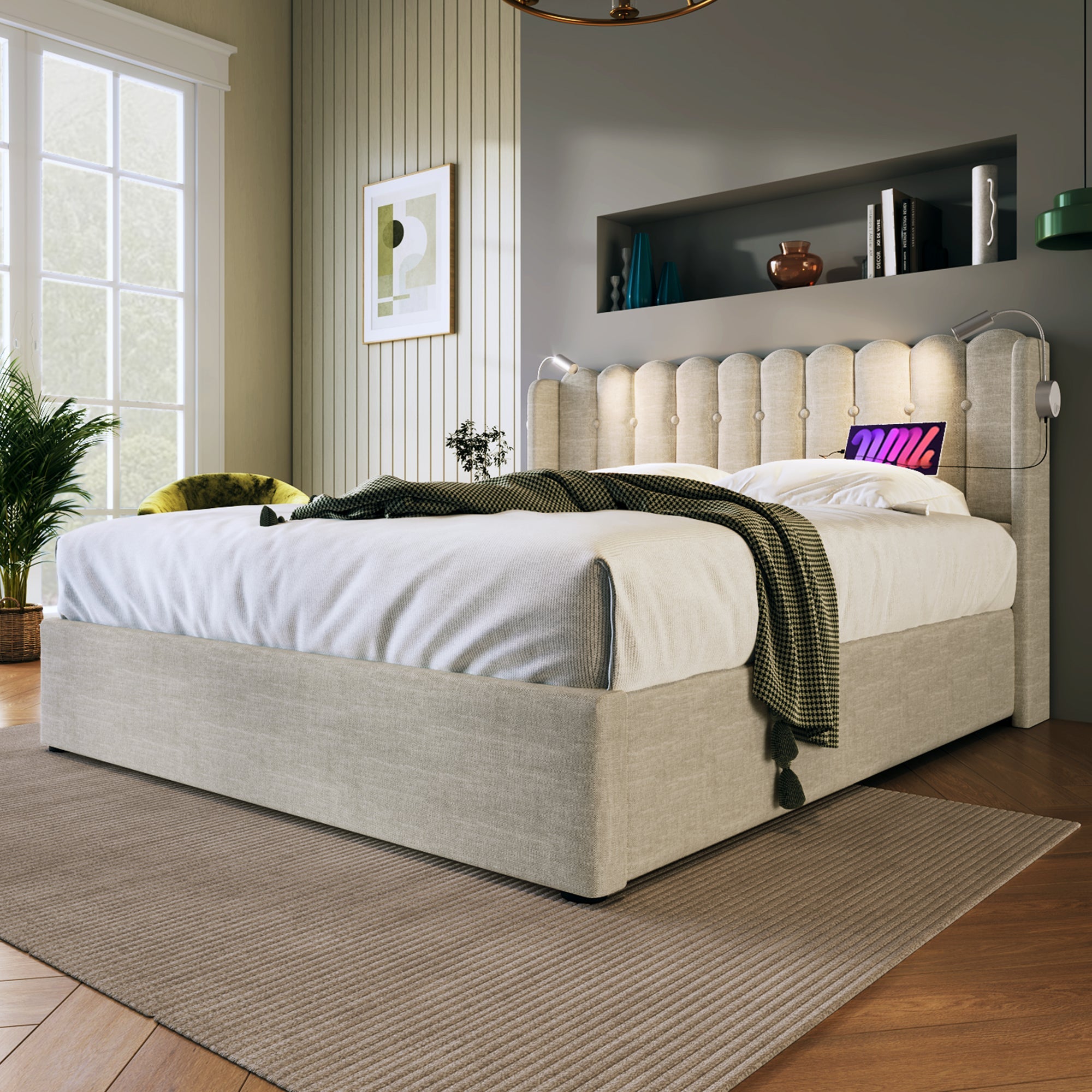 Logidon gestoffeerd bed met leeslampje en USB-oplaadfunctie 160x200 beige