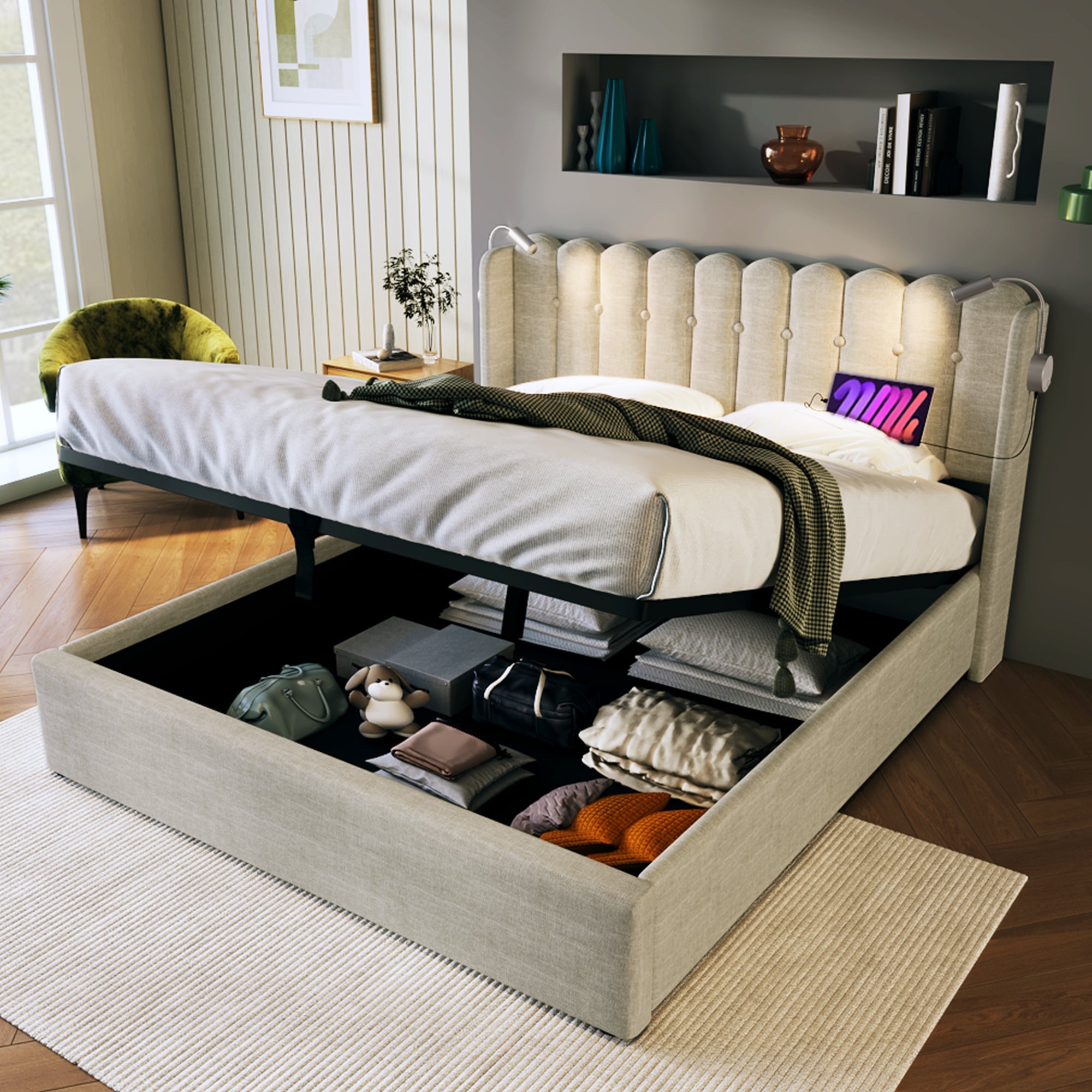 Logidon gestoffeerd bed met leeslampje en USB-oplaadfunctie 160x200 beige