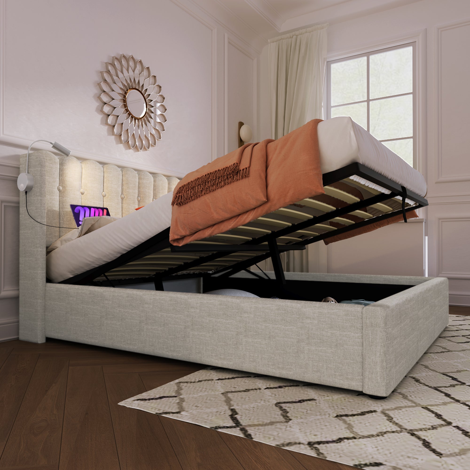 Logidon gestoffeerd bed met leeslampje en USB-oplaadfunctie 160x200 beige