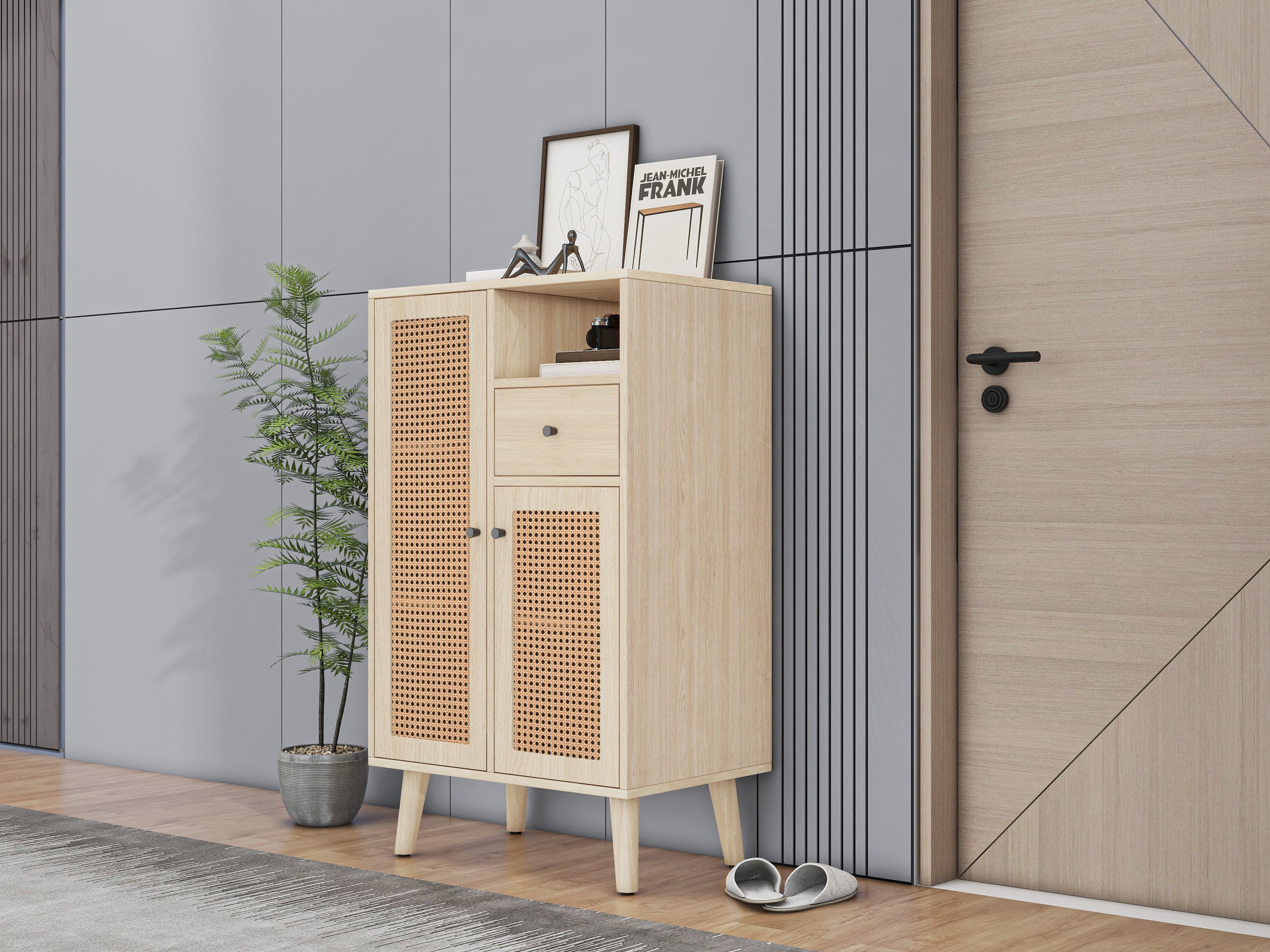 Logidon dressoir eiken 60x40x101 cm met 2 rotan deuren en 1 lade