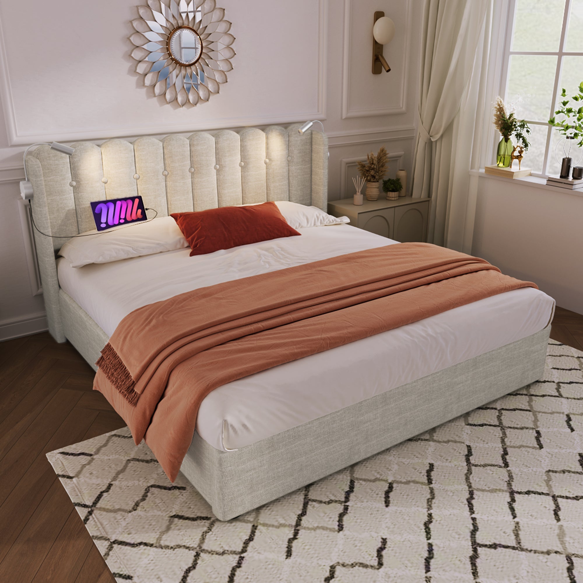 Logidon upholstered bed 140x200 with reading light USB charging function beige