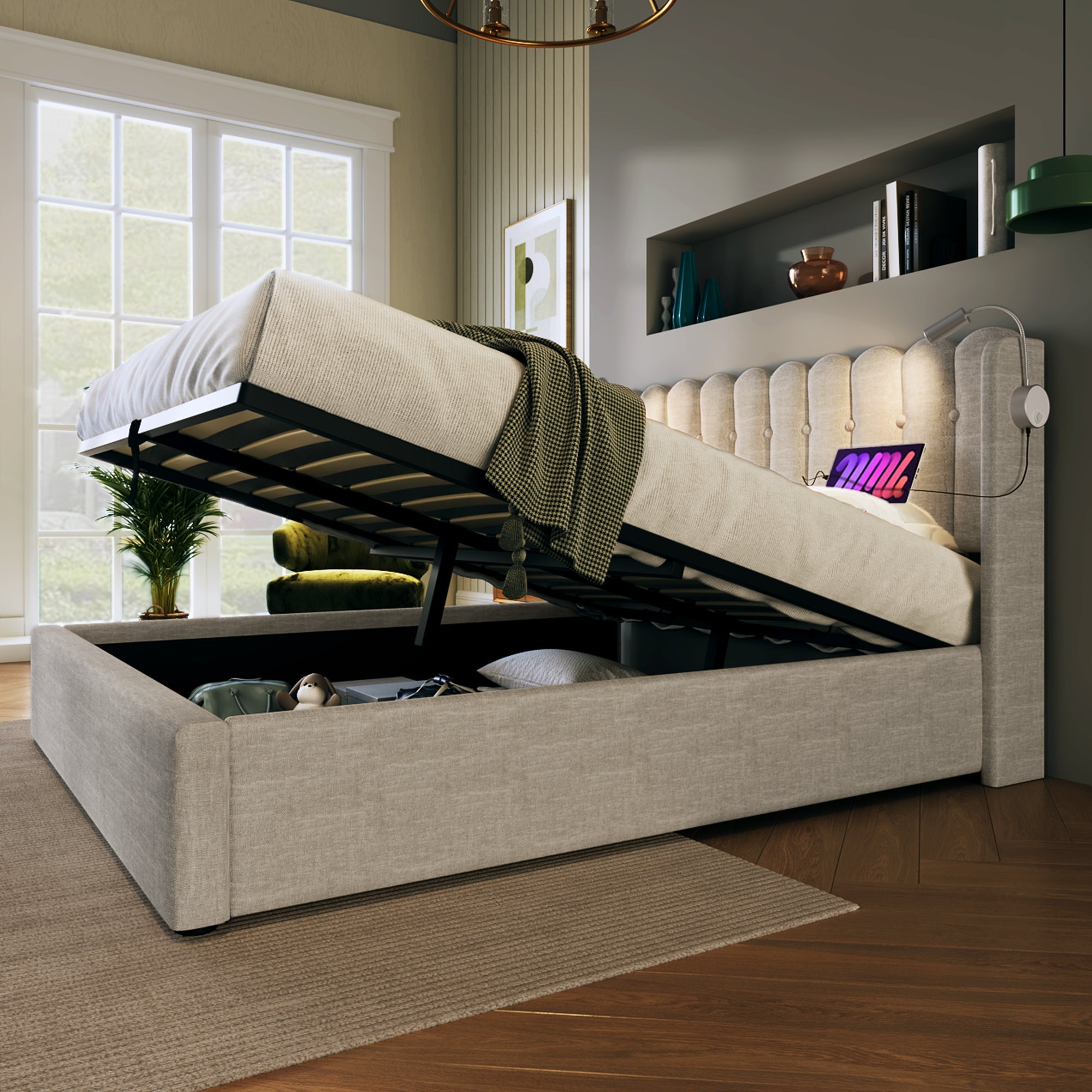 Logidon upholstered bed 160x200 beige with reading light and USB charging function