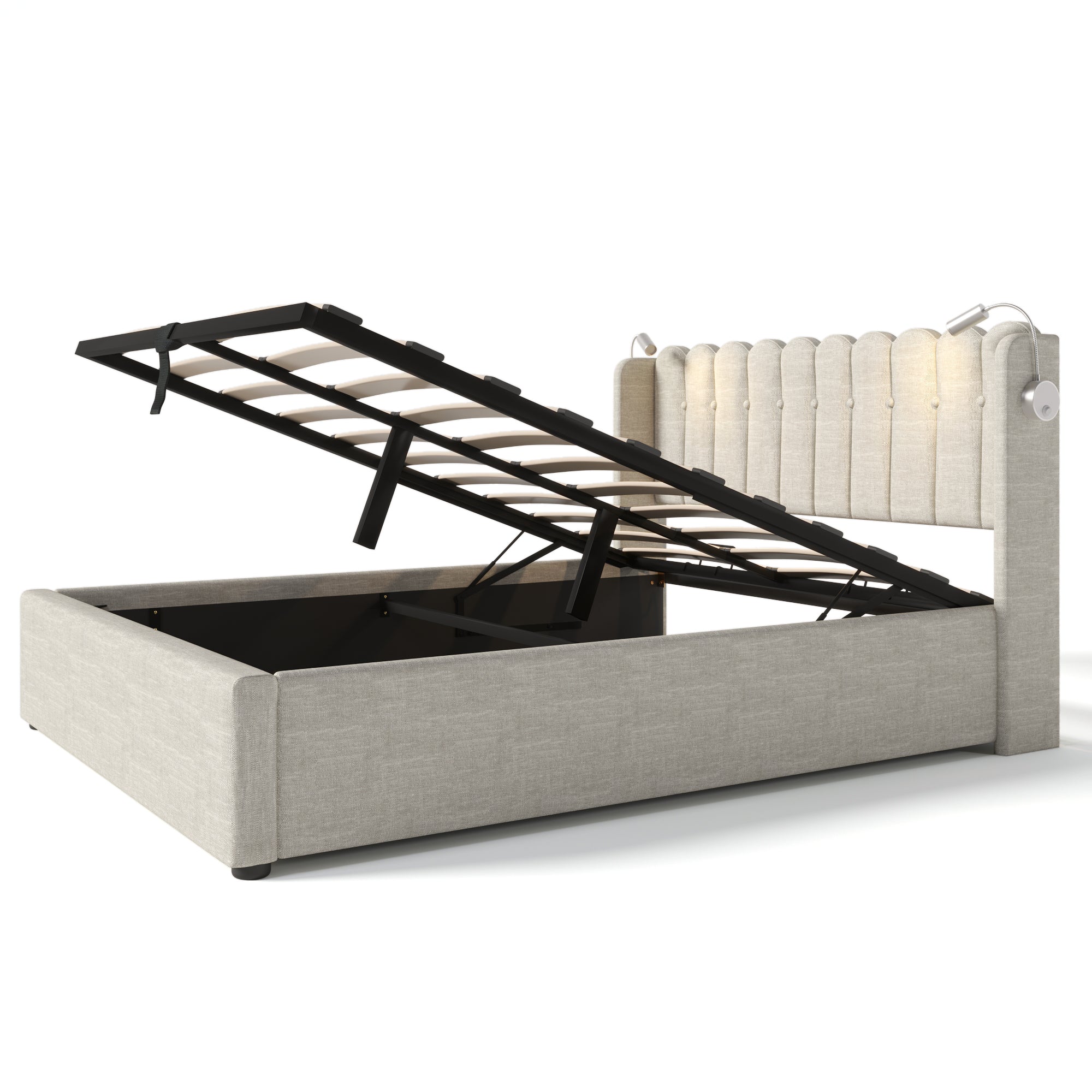 Logidon upholstered bed 160x200 beige with reading light and USB charging function