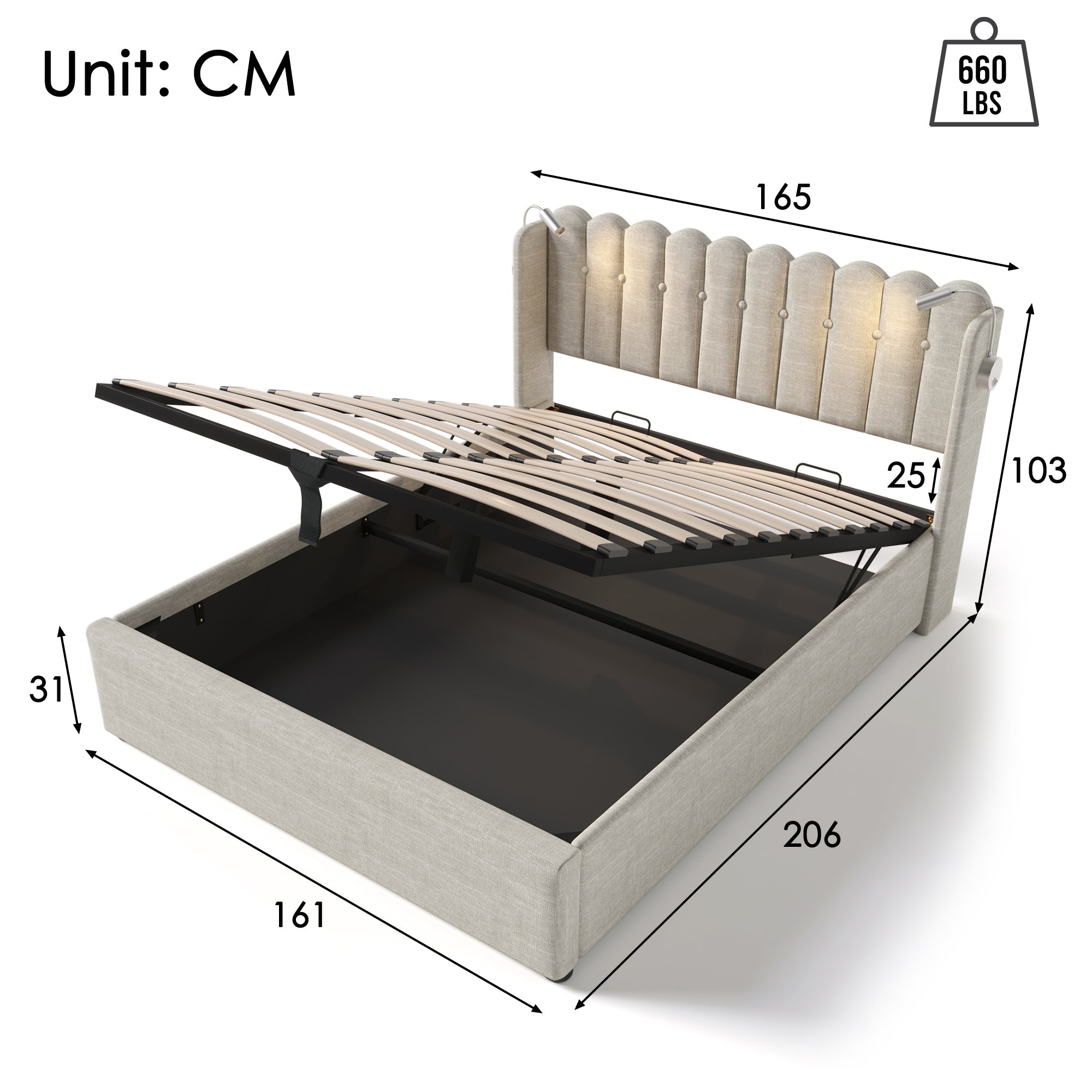 Logidon gestoffeerd bed 160x200 beige met leeslampje en USB-oplaadfunctie