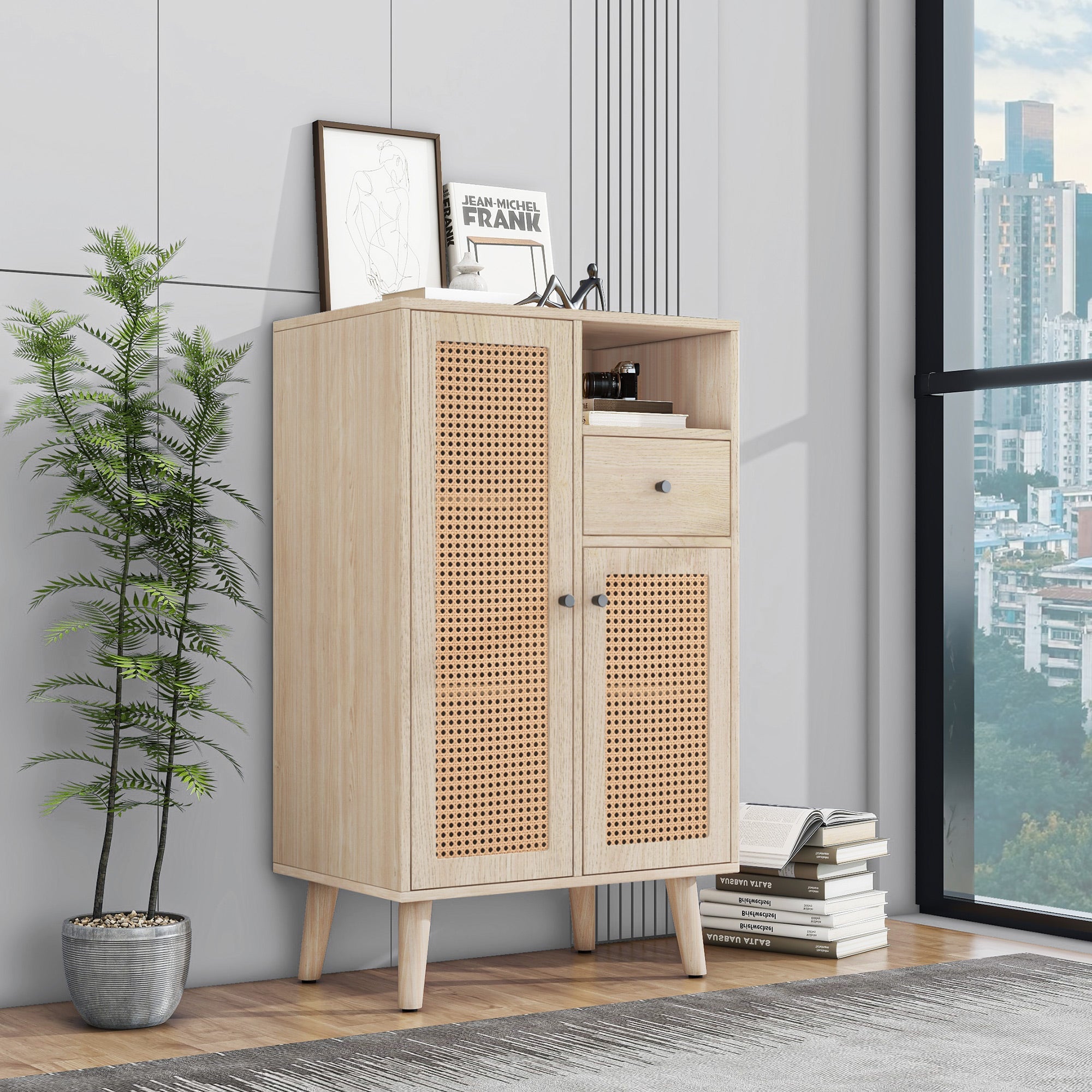 Logidon dressoir eiken 60x40x101 cm met 2 rotan deuren en 1 lade