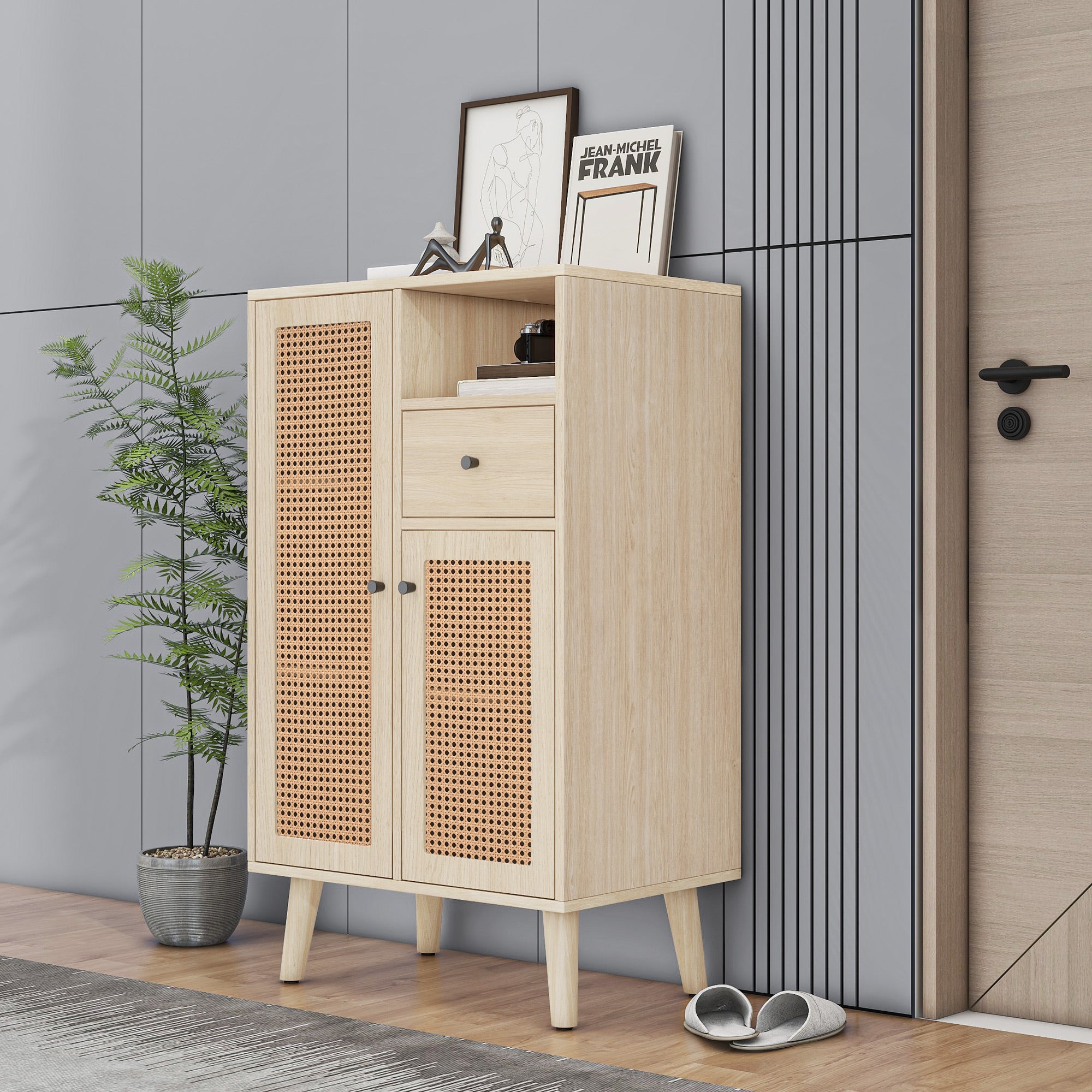 Logidon dressoir eiken 60x40x101 cm met 2 rotan deuren en 1 lade
