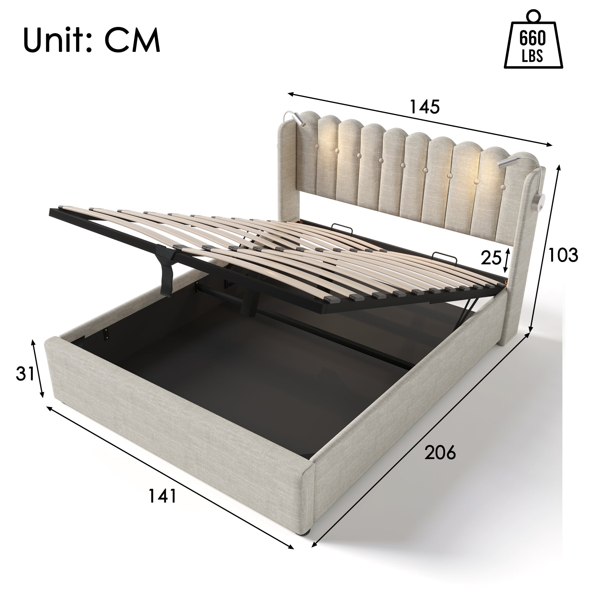 Logidon gestoffeerd bed 140x200 met leeslampje en USB oplaadfunctie naturel