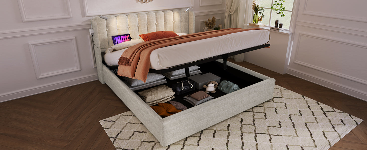 Logidon upholstered bed 140x200 with reading light USB charging function beige