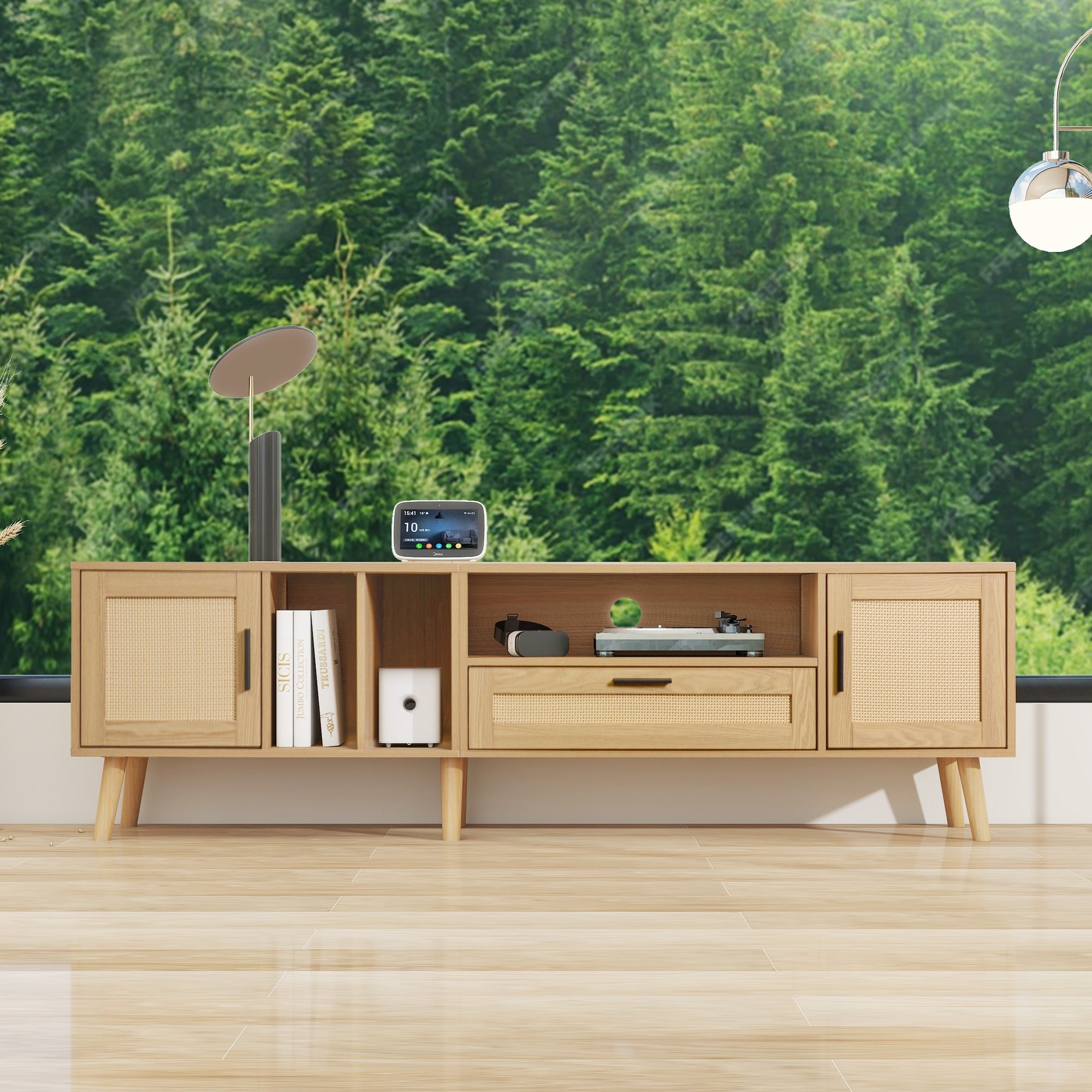 Logidon 180 cm TV-meubel Eiken met rotan decoratie, 2 deuren