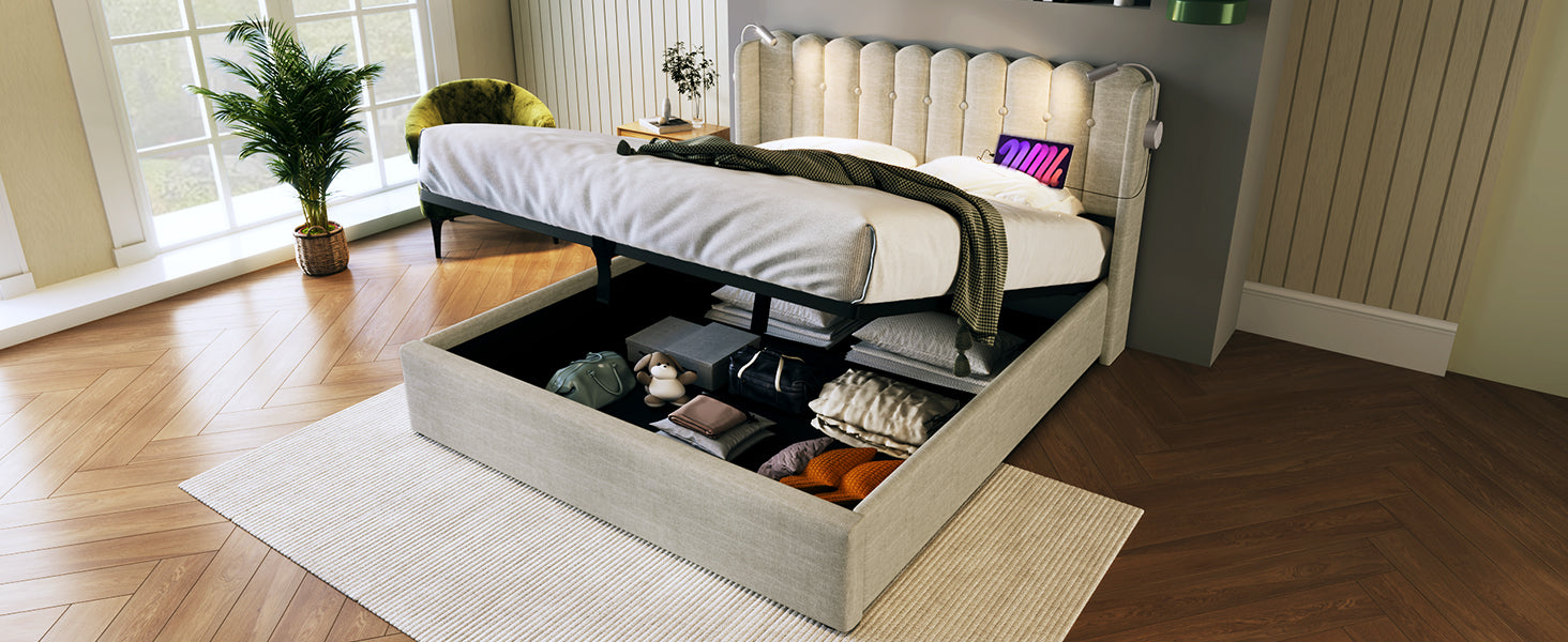 Logidon upholstered bed 140x200 with reading light USB charging function beige