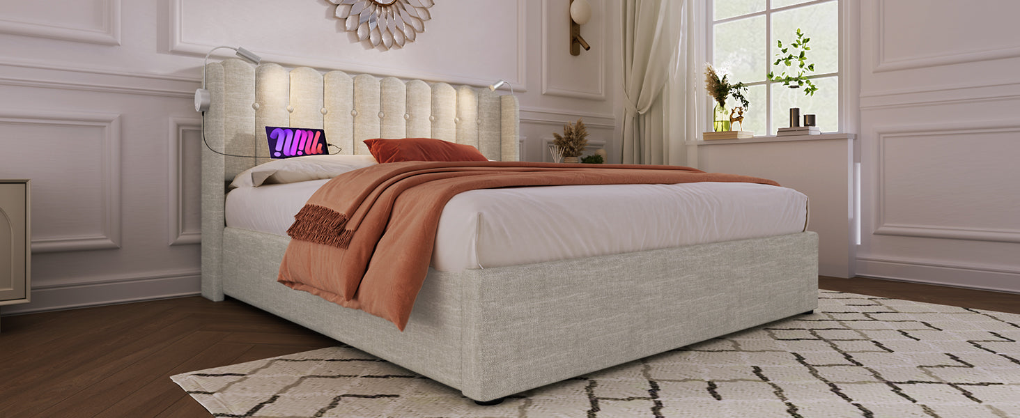 Logidon upholstered bed 140x200 with reading light USB charging function beige