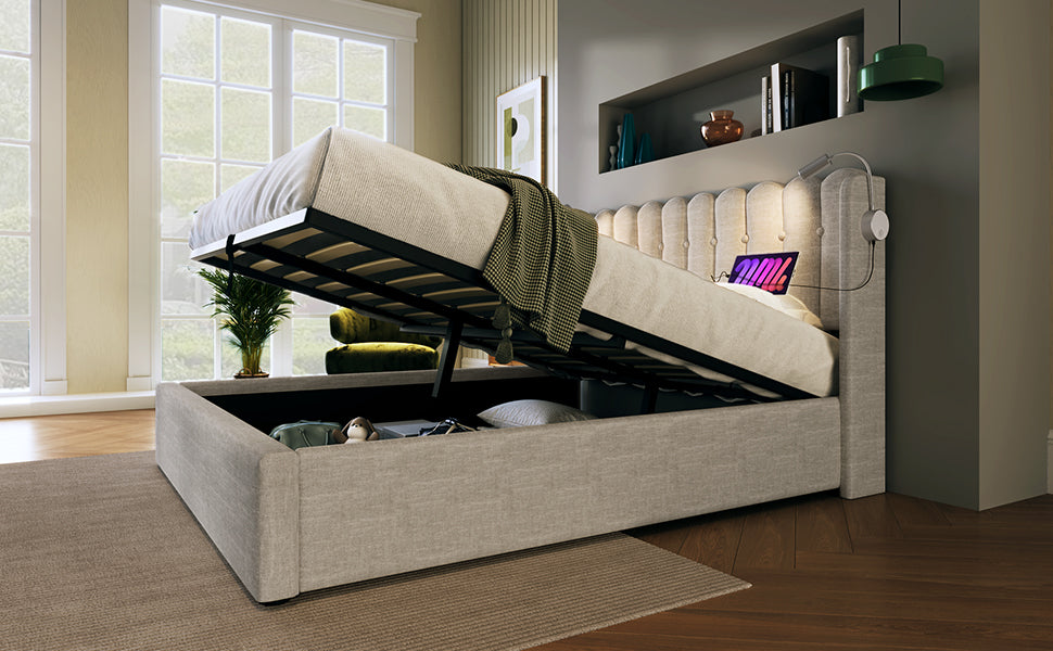 Logidon gestoffeerd bed met leeslampje en USB-oplaadfunctie 160x200 beige
