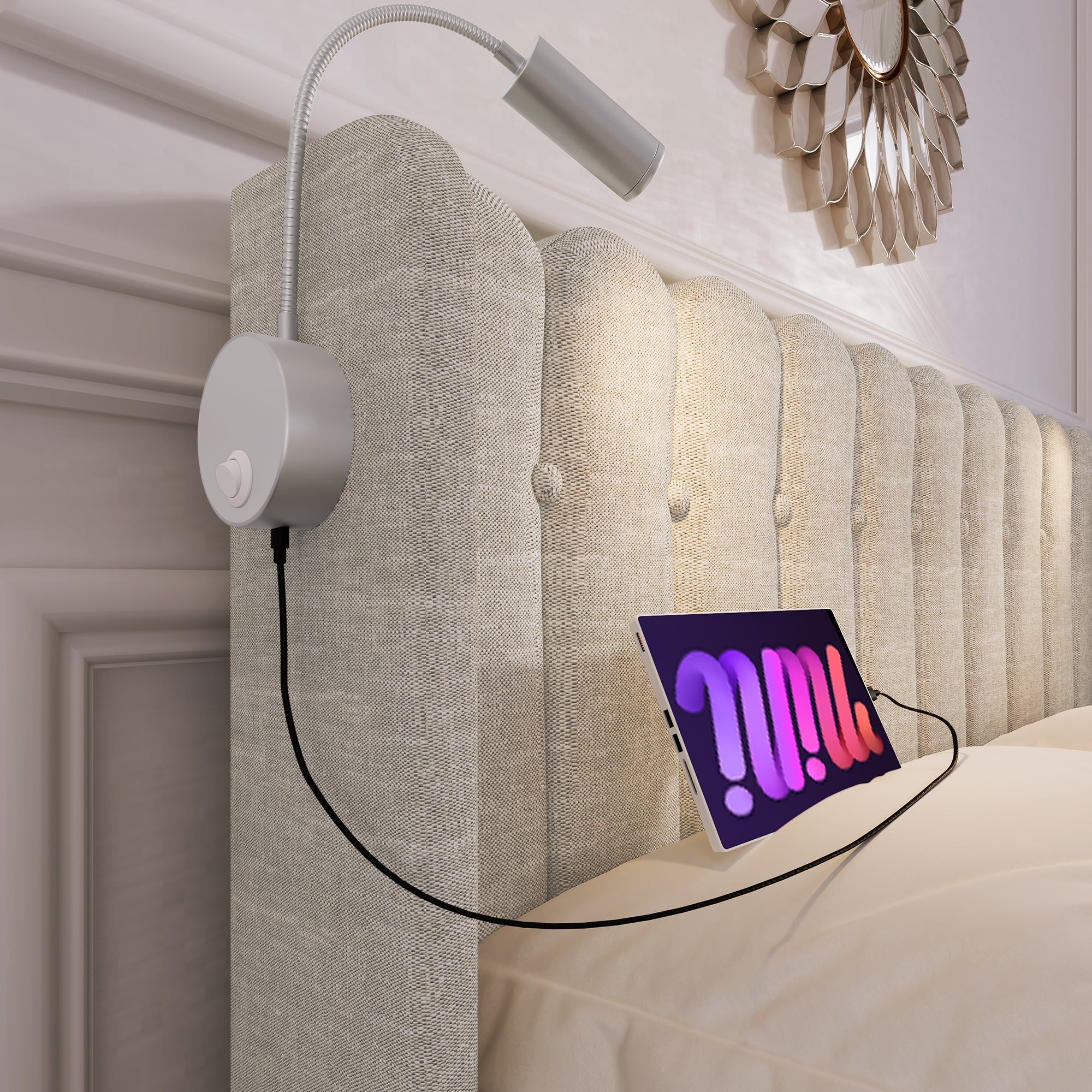 Logidon upholstered bed 160x200 beige with reading light and USB charging function