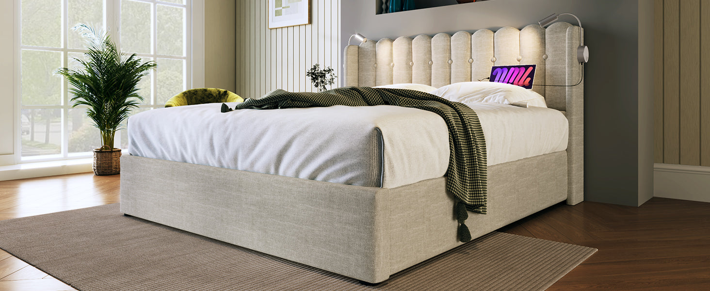 Logidon upholstered bed 140x200 with reading light and USB charging function natural