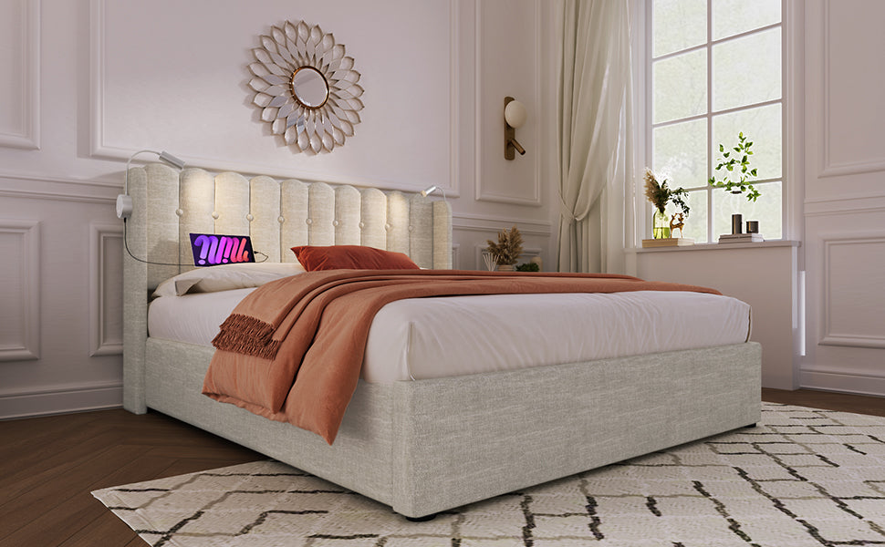 Logidon upholstered bed 160x200 beige with reading light and USB charging function