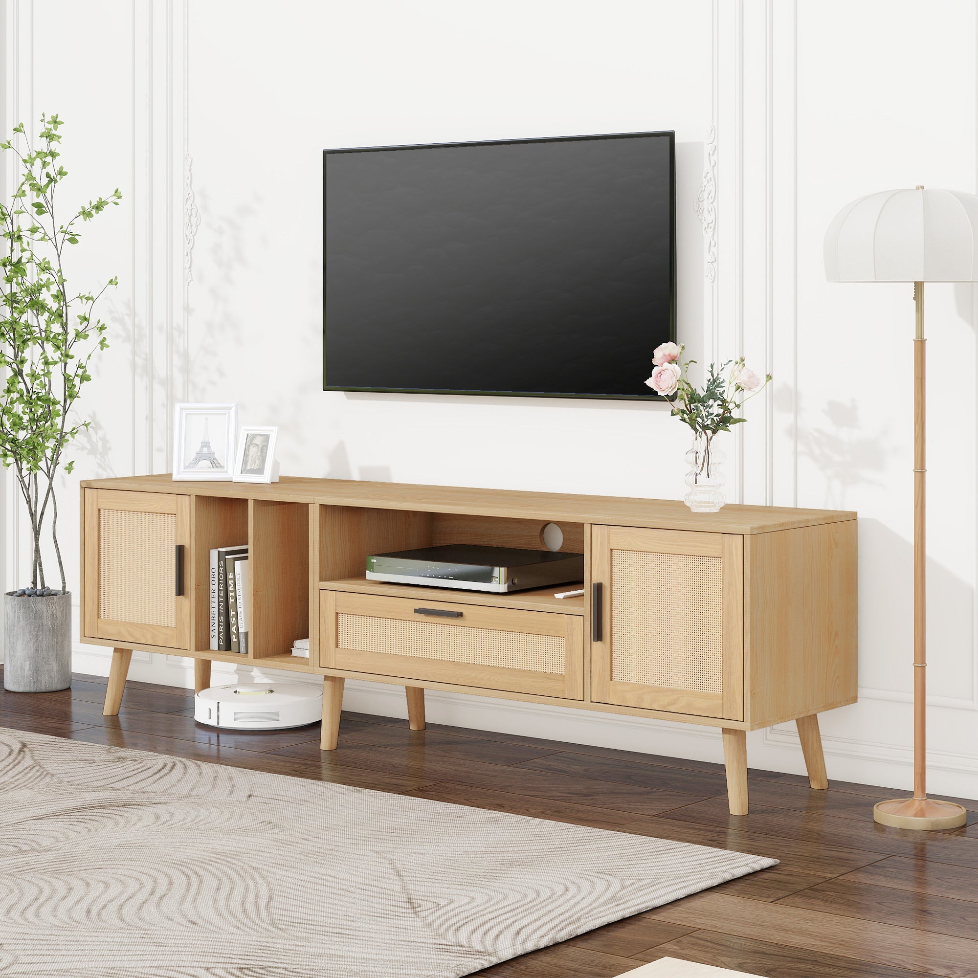 Logidon 180 cm TV-meubel Eiken met rotan decoratie, 2 deuren