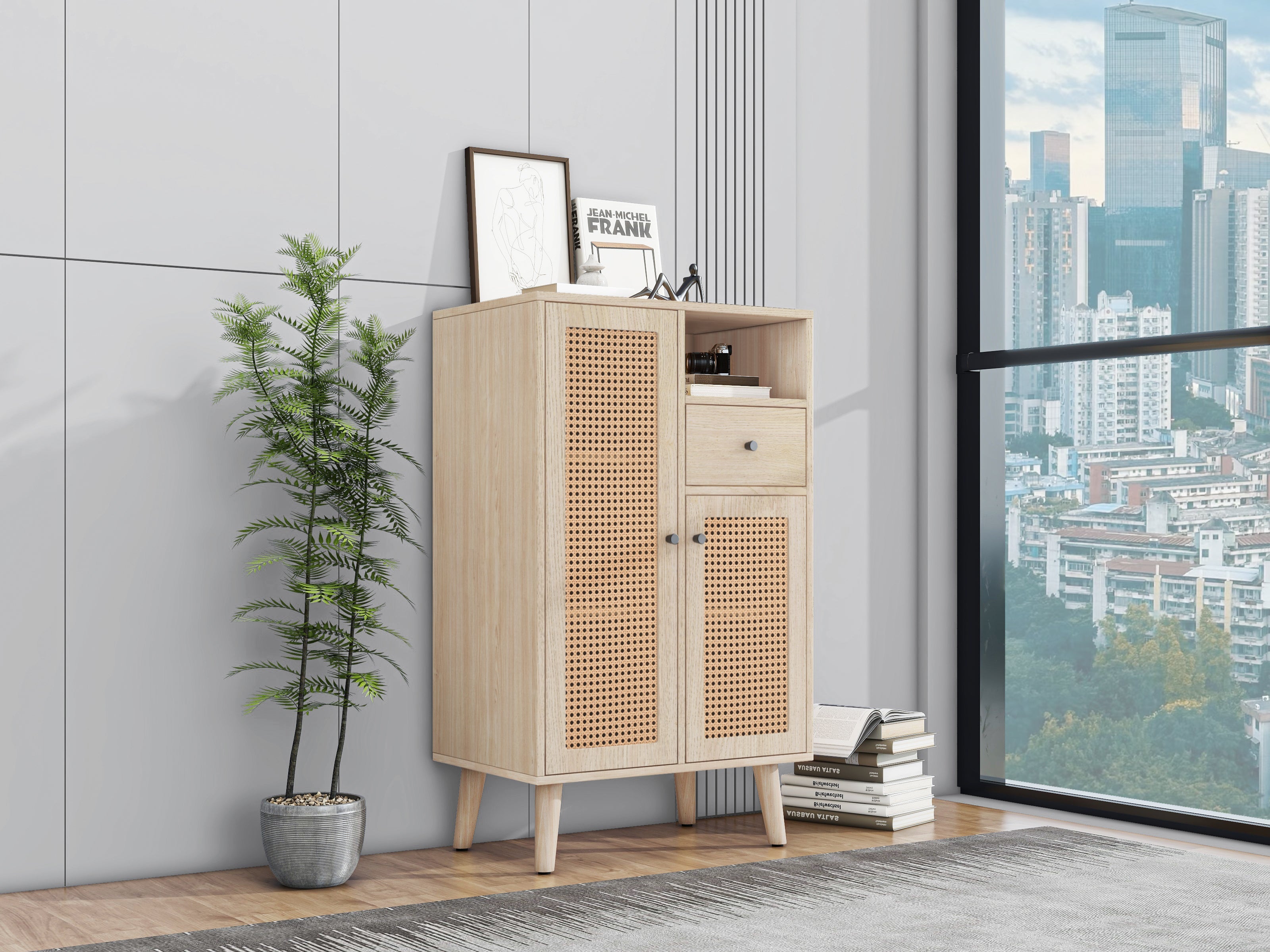 Logidon dressoir eiken 60x40x101 cm met 2 rotan deuren en 1 lade
