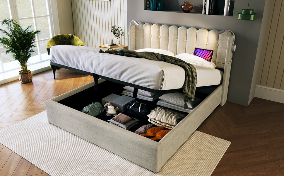 Logidon gestoffeerd bed met leeslampje en USB-oplaadfunctie 160x200 beige