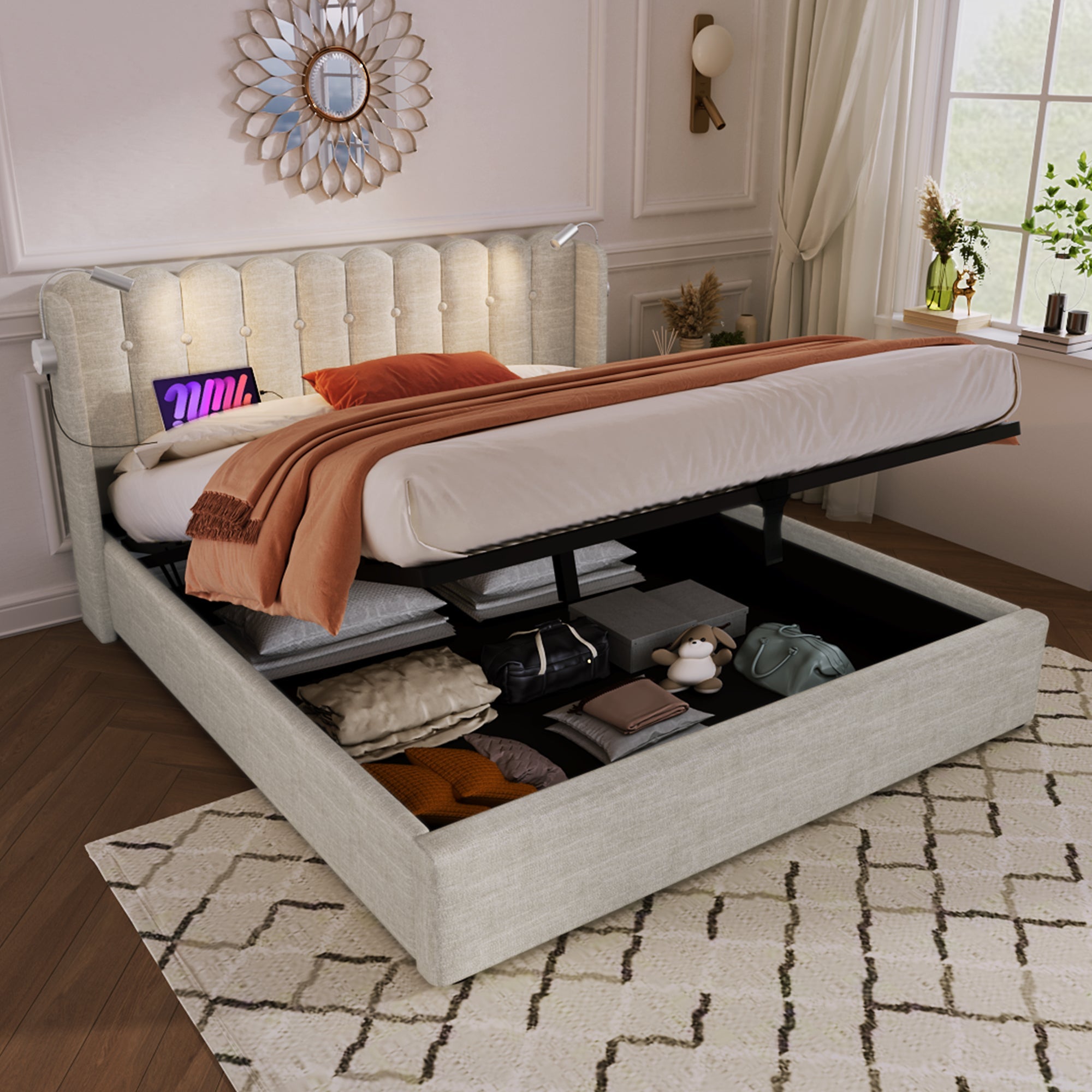 Logidon upholstered bed 140x200 with reading light USB charging function beige