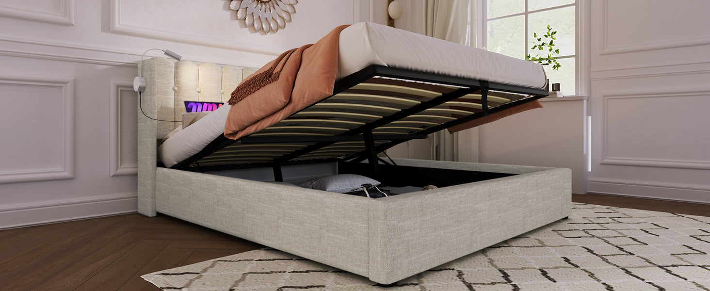 Logidon upholstered bed 140x200 with reading light and USB charging function natural