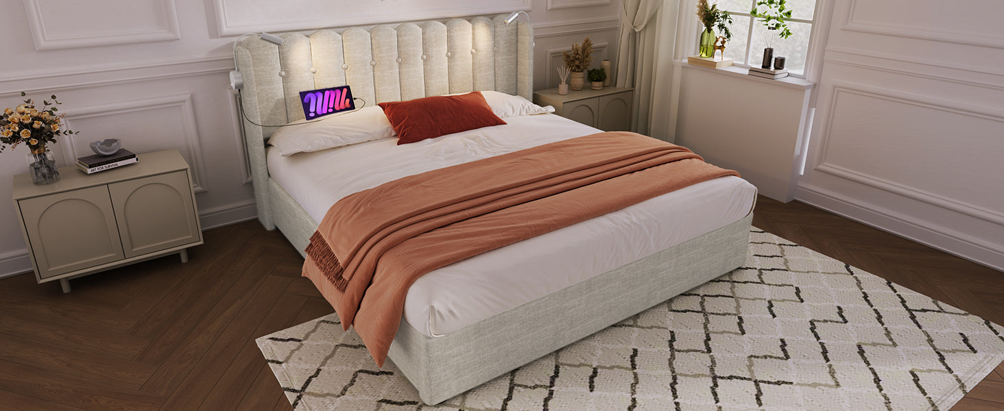 Logidon upholstered bed 140x200 with reading light and USB charging function natural