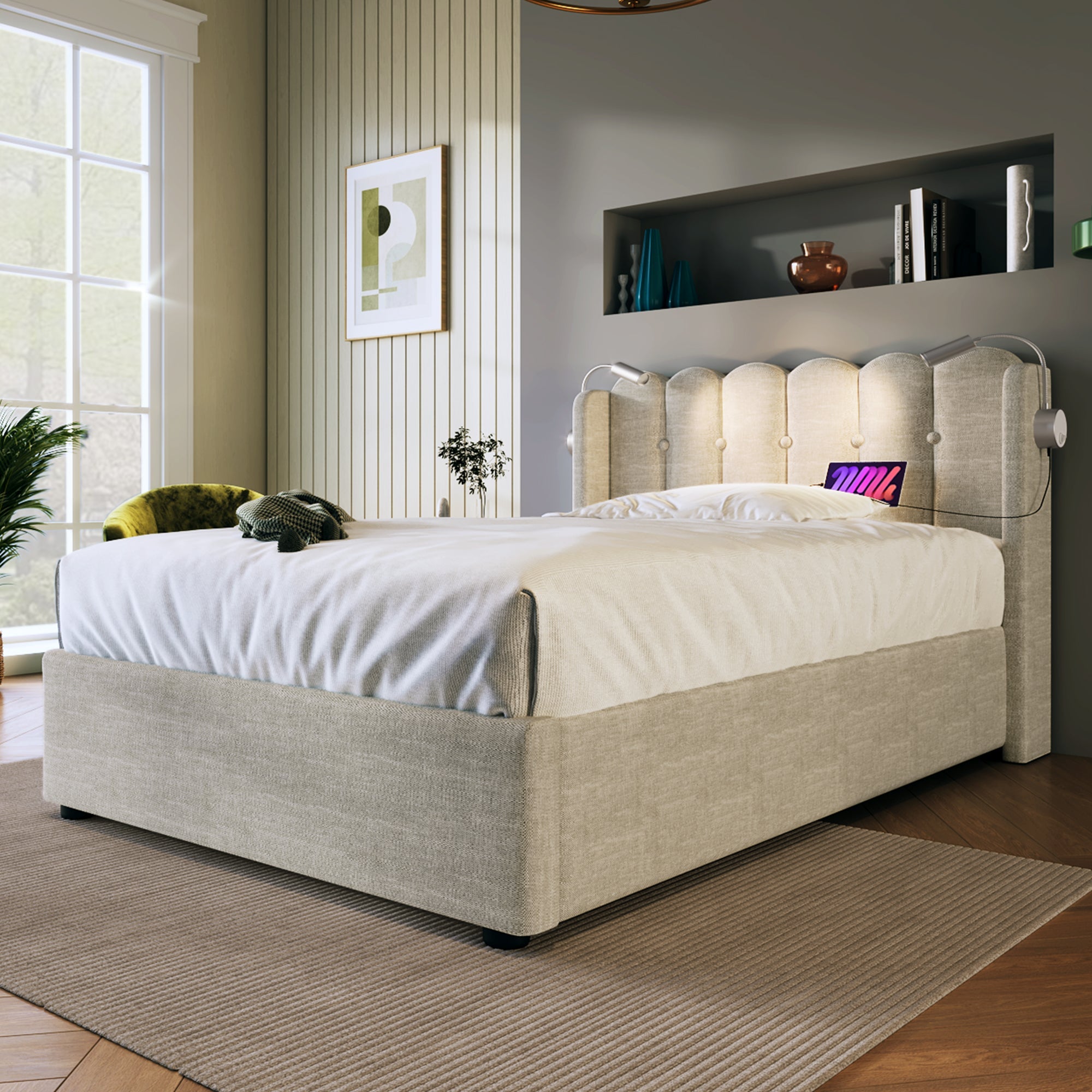 Logidon gestoffeerd bed 90x200 naturel fluweel met leeslampje en USB