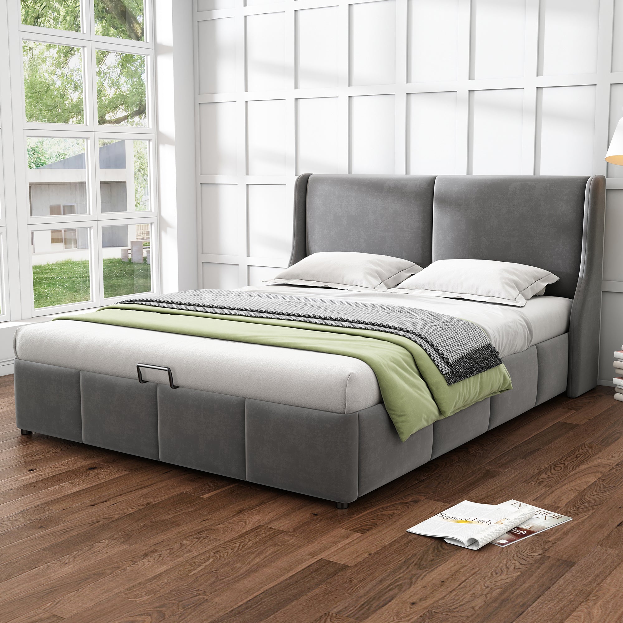 Logidon Padded Bed 140x190 With Hydraulic Storage Box Gray