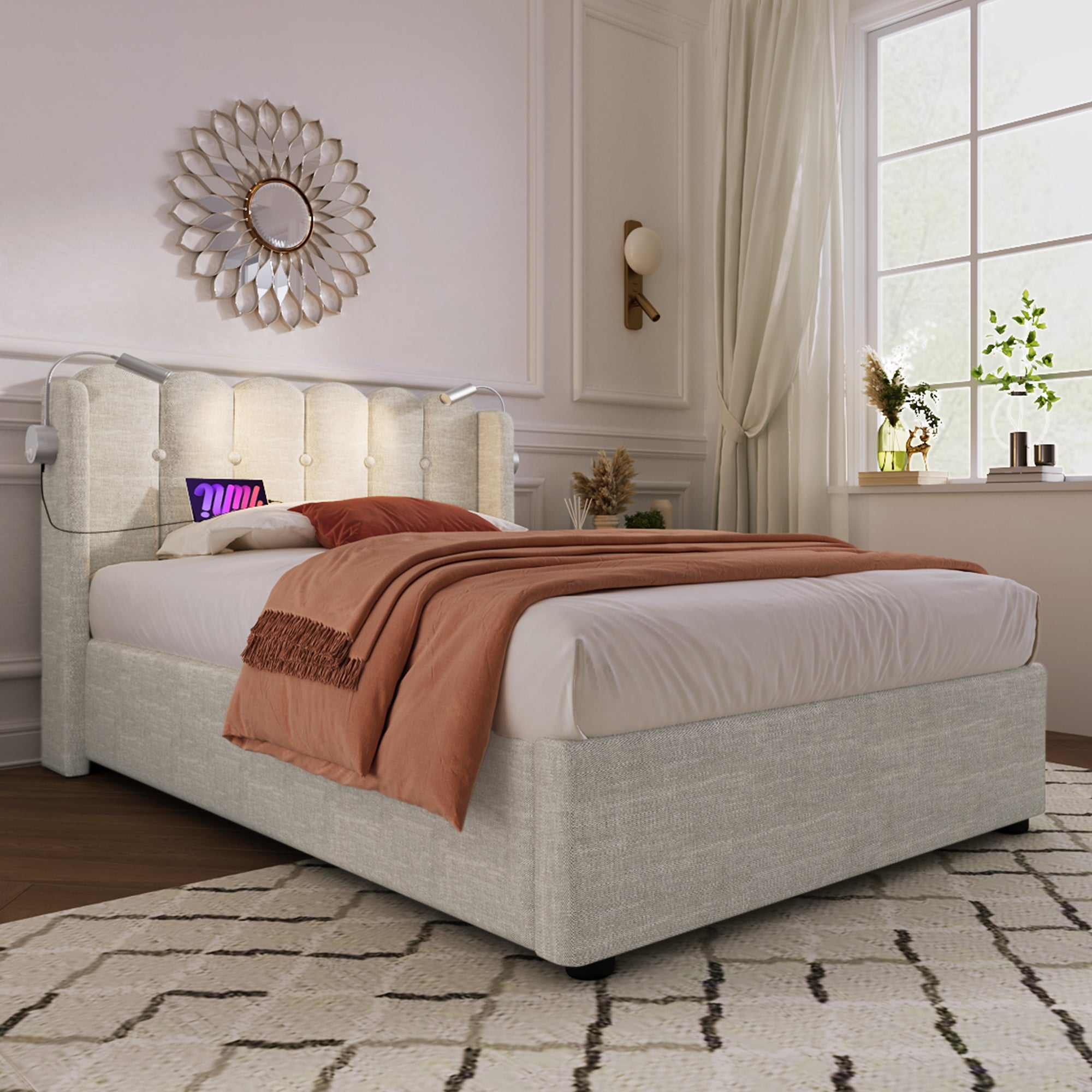 Logidon gestoffeerd bed 90x200 naturel fluweel met leeslampje en USB