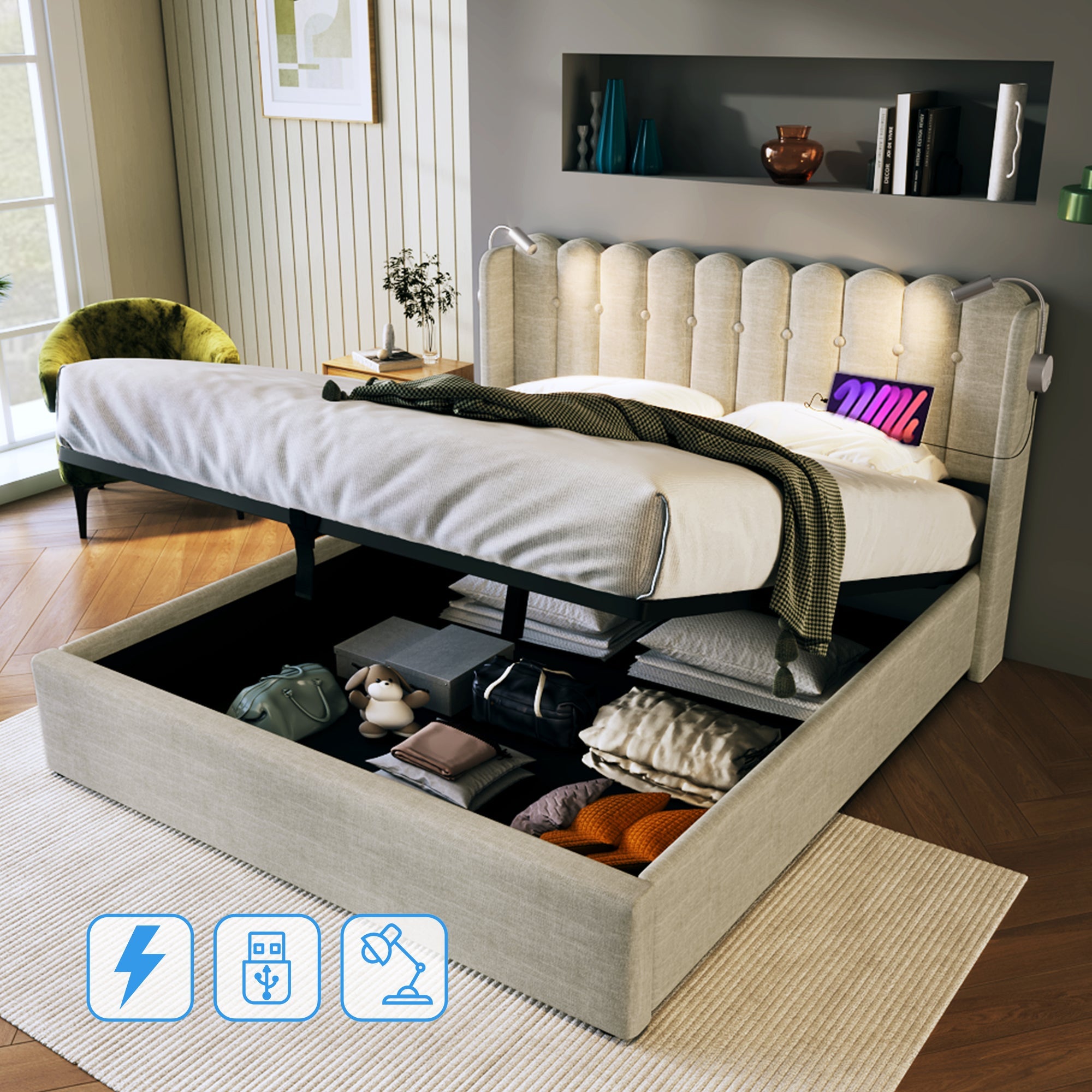 Logidon gestoffeerd bed met leeslampje en USB-oplaadfunctie 160x200 beige