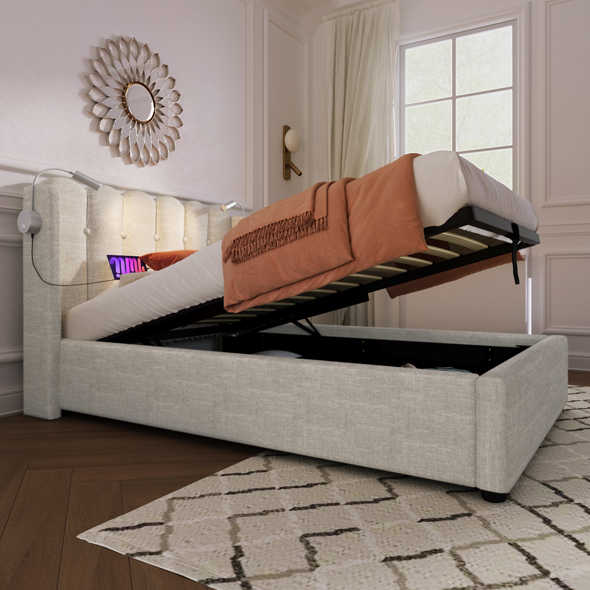 Logidon gestoffeerd bed 90x200 beige met leeslampje en USB-oplaadfunctie