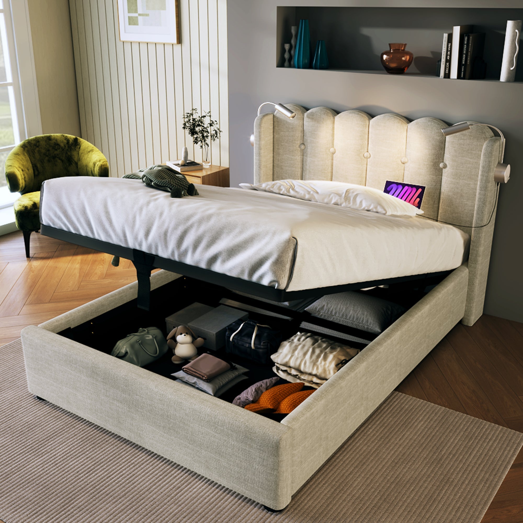 Logidon gestoffeerd bed 90x200 naturel fluweel met leeslampje en USB