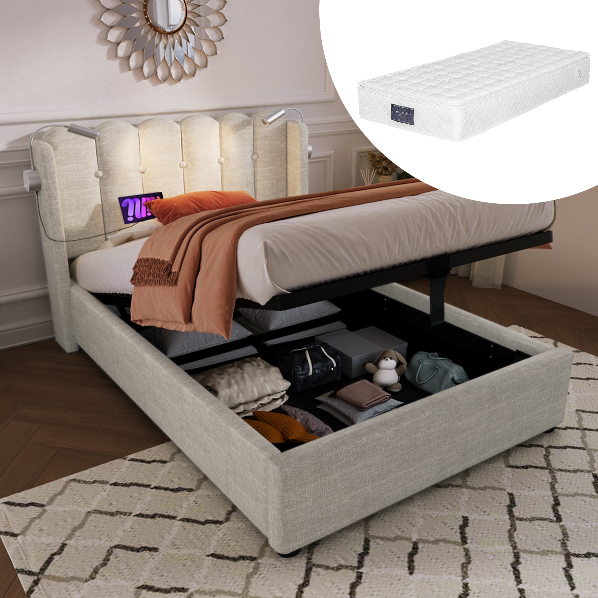 Logidon gestoffeerd bed 90x200 beige met leeslampje en USB-oplaadfunctie