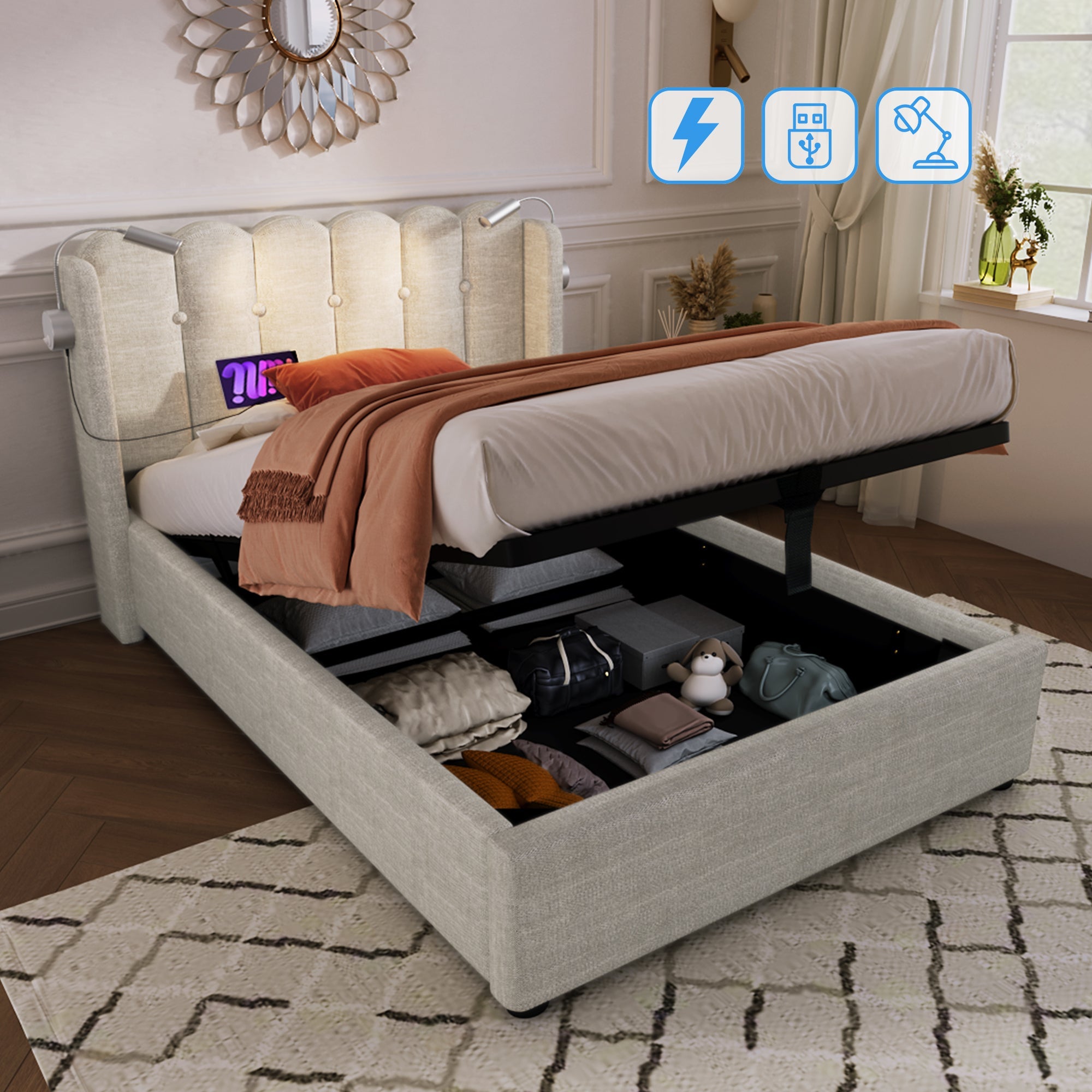 Logidon gestoffeerd bed 90x200 beige met leeslampje en USB-oplaadfunctie