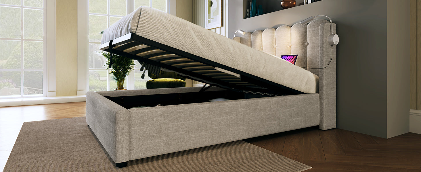 Logidon gestoffeerd bed 90x200 naturel fluweel met leeslampje en USB