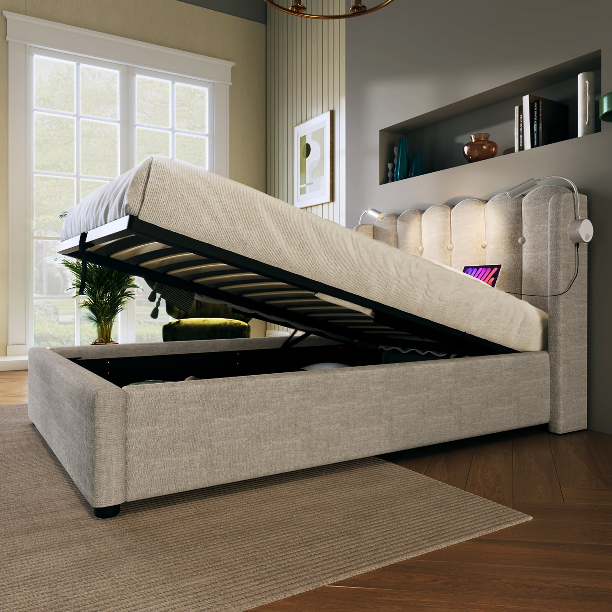 Logidon gestoffeerd bed 90x200 beige met leeslampje en USB-oplaadfunctie